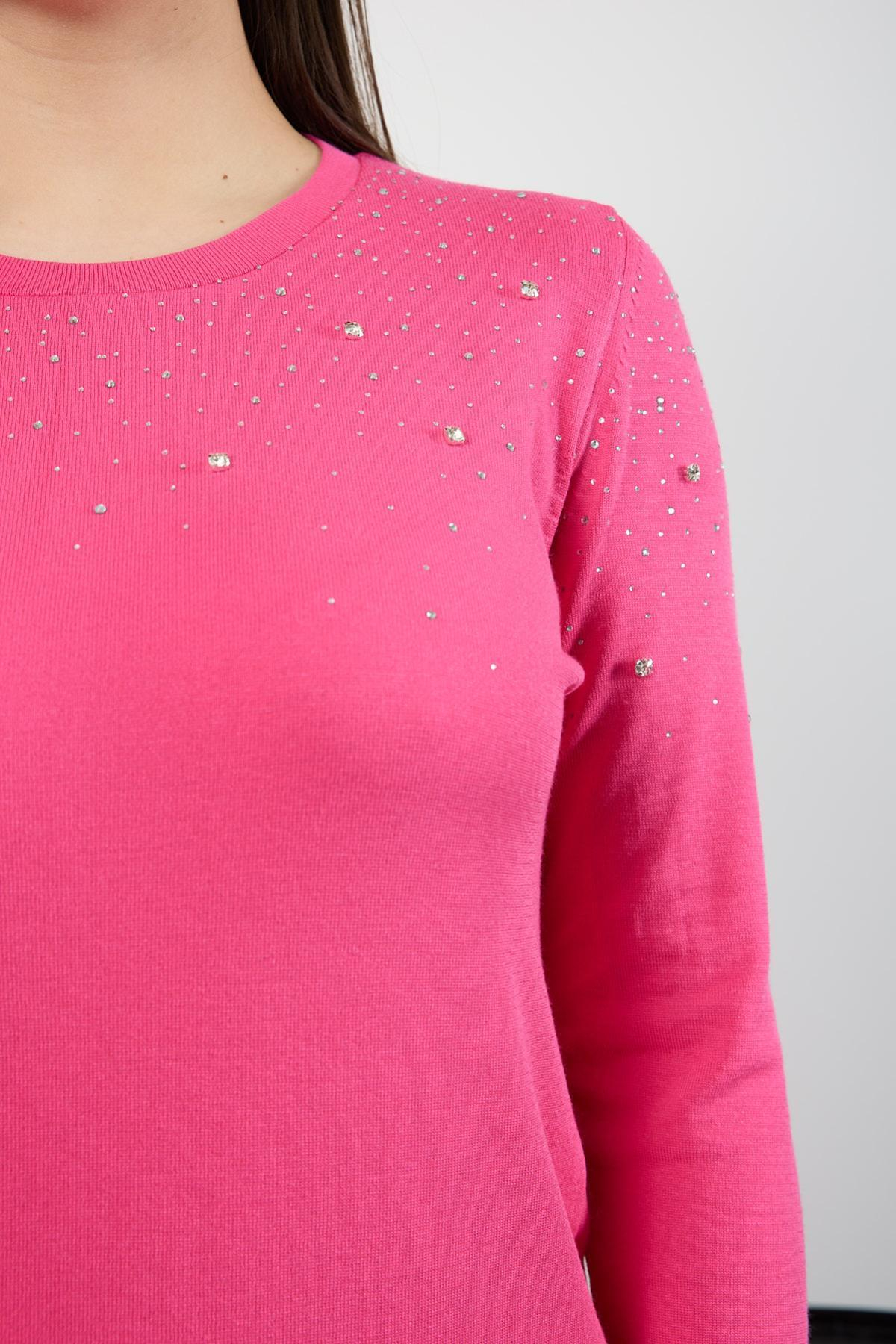 Wholesale Women Fuchsia Crew Neck Knit Blouse Adorned with Rhinestones 725228