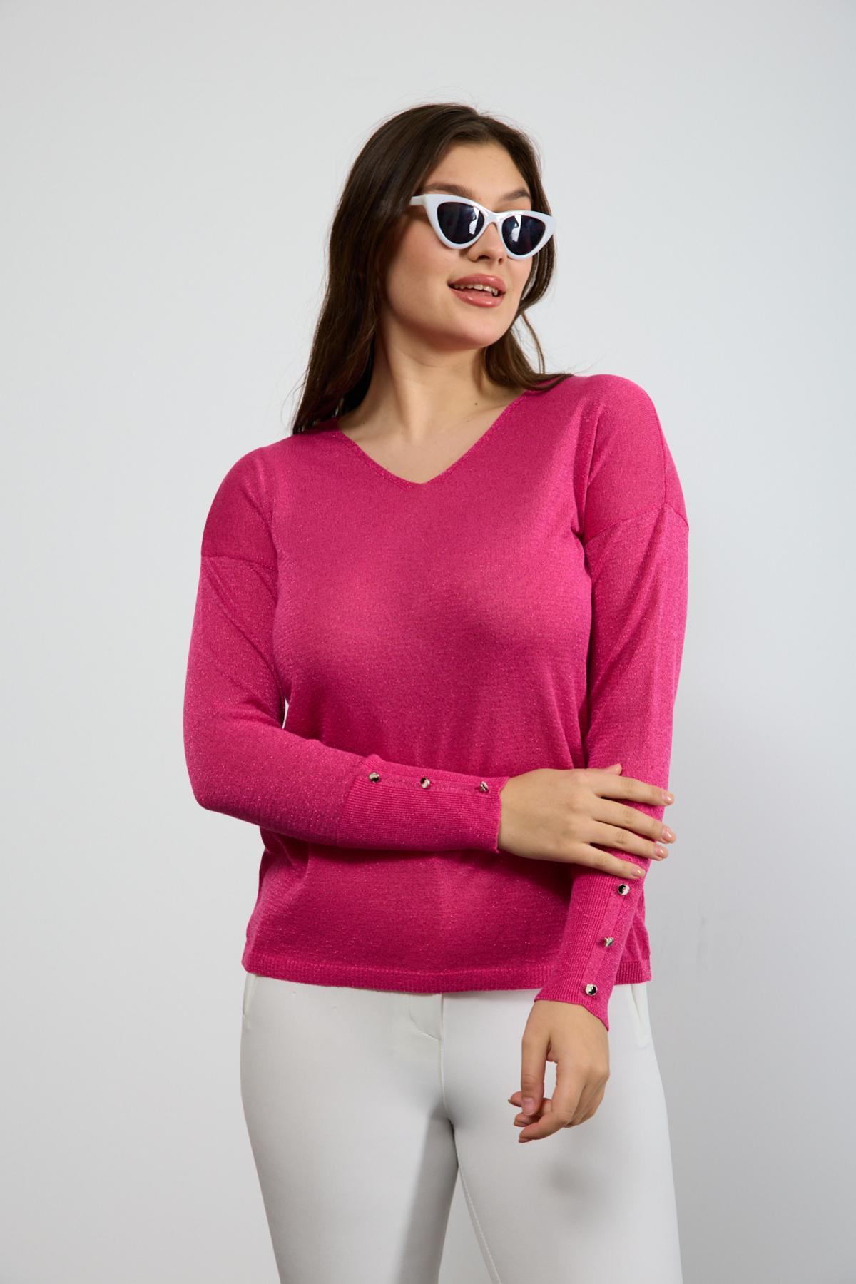 Wholesale Women Fuchsia Glittery V Neck Knit Blouse with Wide Cuffs 724845