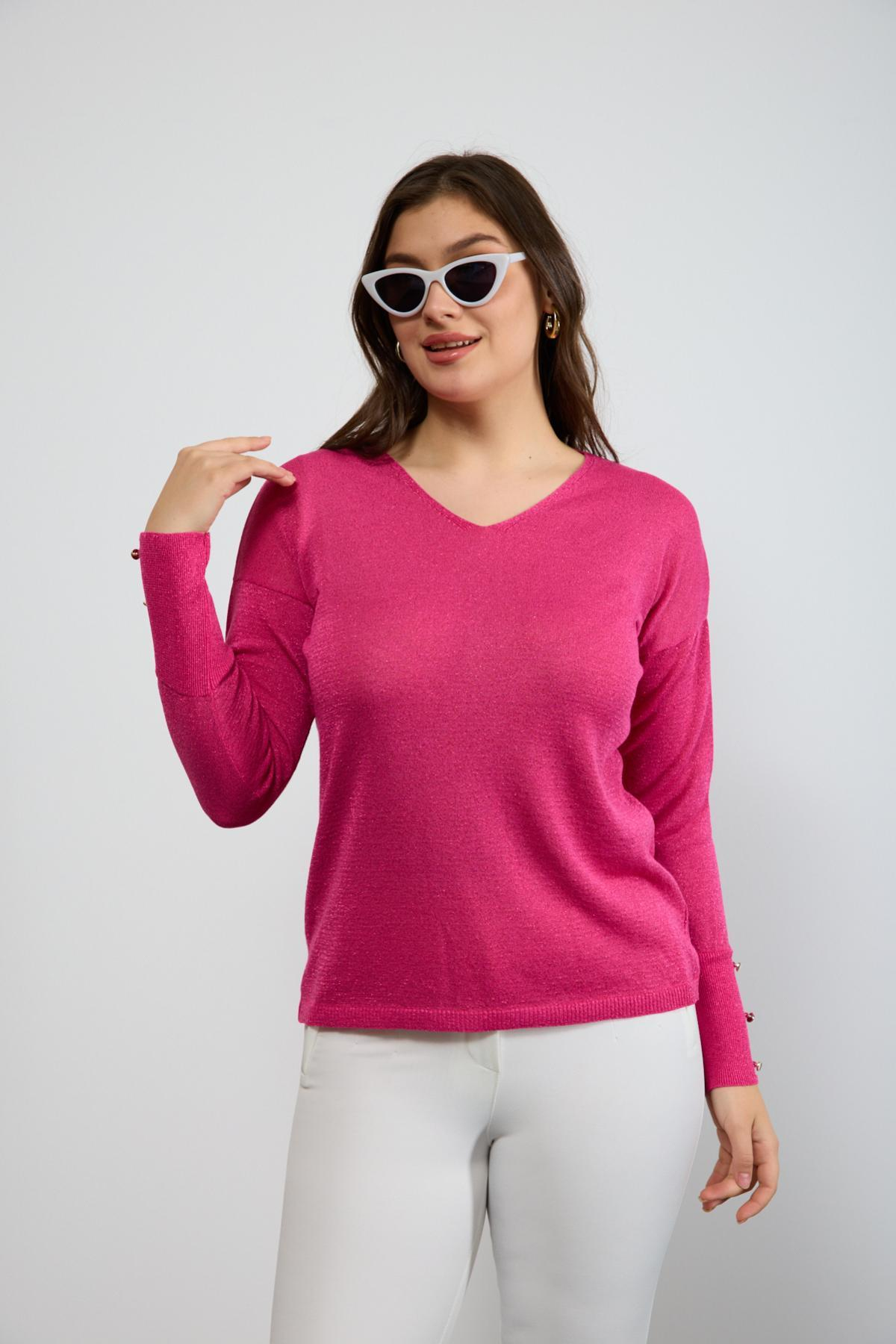 Wholesale Women Fuchsia Glittery V Neck Knit Blouse with Wide Cuffs 724845