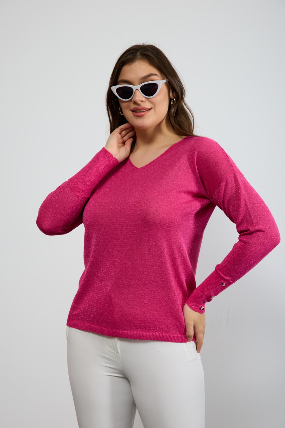 Wholesale Women Fuchsia Glittery V Neck Knit Blouse with Wide Cuffs 724845