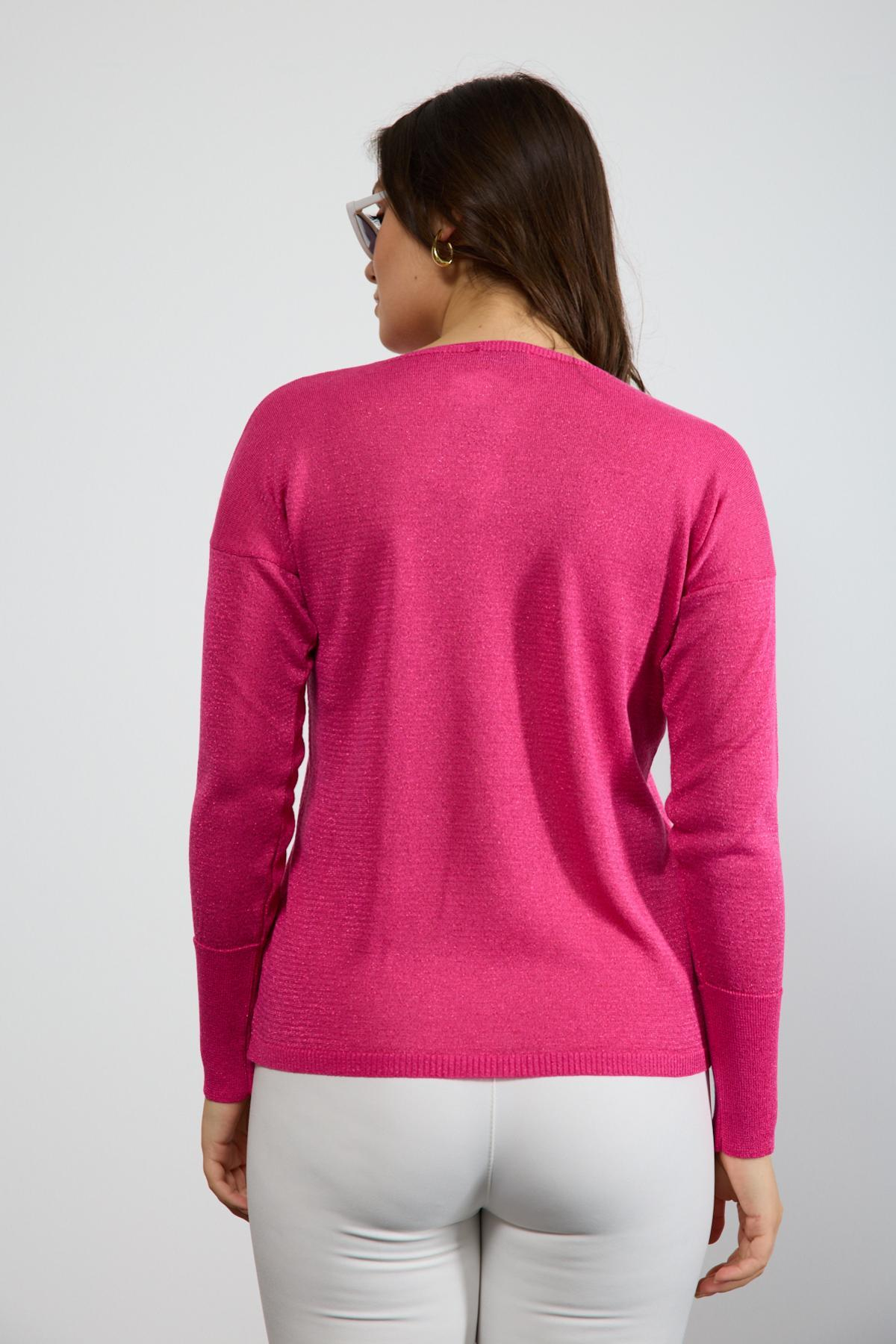 Wholesale Women Fuchsia Glittery V Neck Knit Blouse with Wide Cuffs 724845