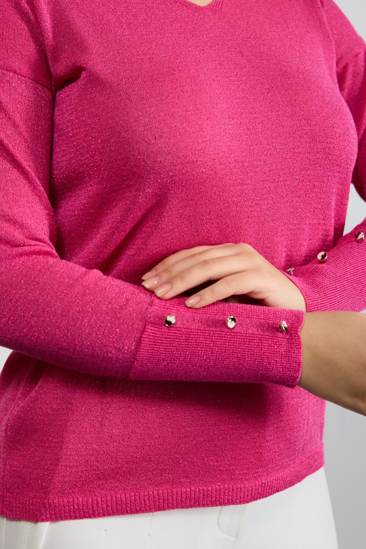 Wholesale Women Fuchsia Glittery V Neck Knit Blouse with Wide Cuffs 724845
