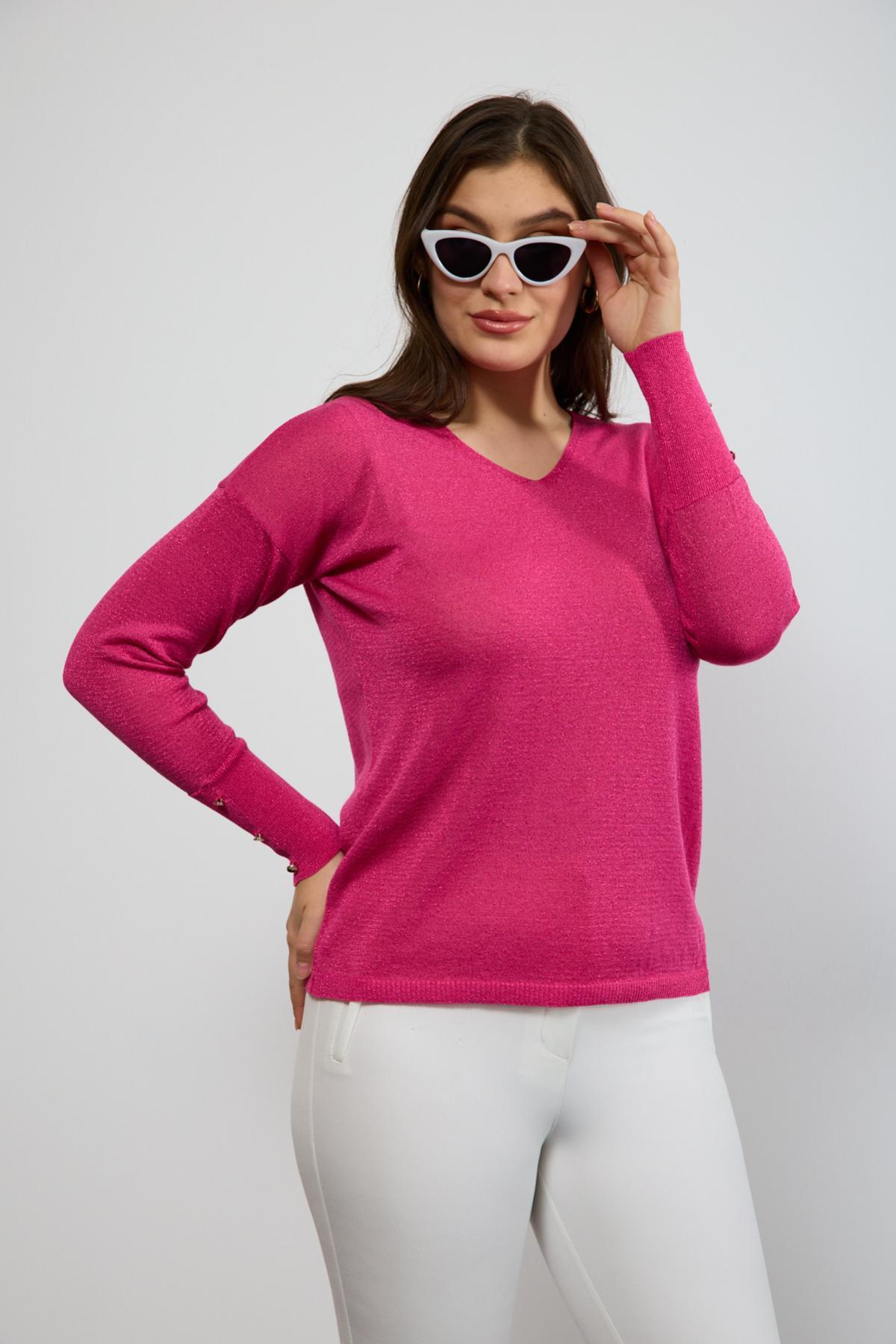 Wholesale Women Fuchsia Glittery V Neck Knit Blouse with Wide Cuffs 724845