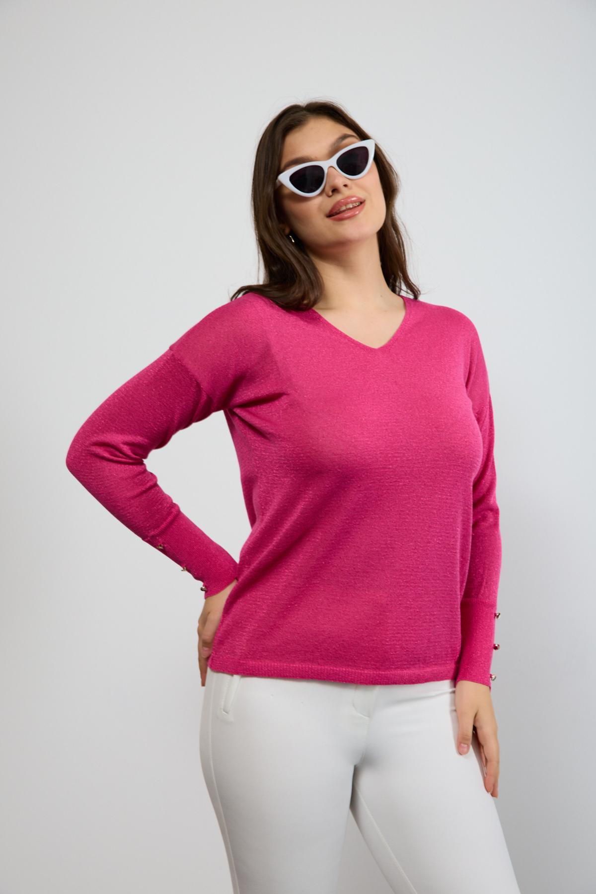 Wholesale Women Fuchsia Glittery V Neck Knit Blouse with Wide Cuffs 724845