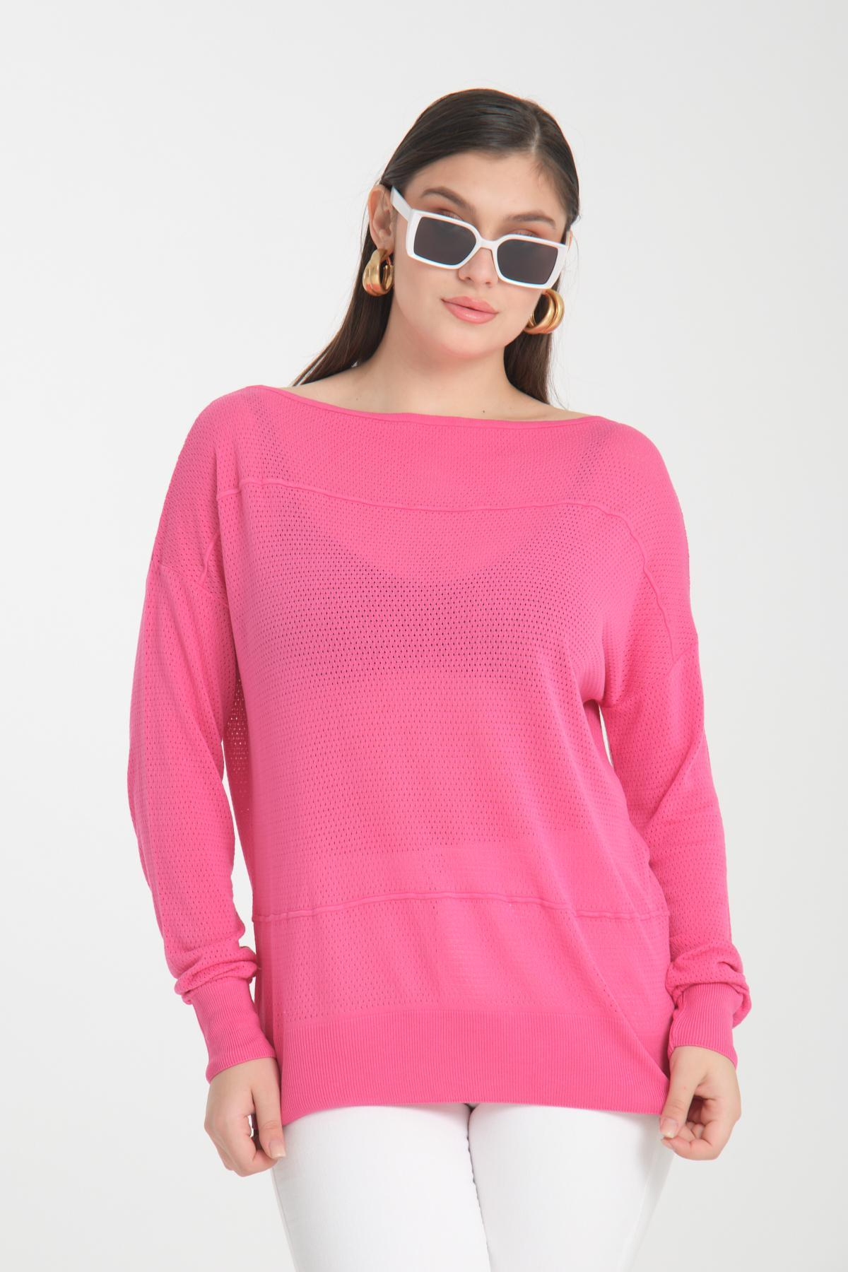 Wholesale Women Fuchsia Openwork Boat Neck Knit Blouse 722631