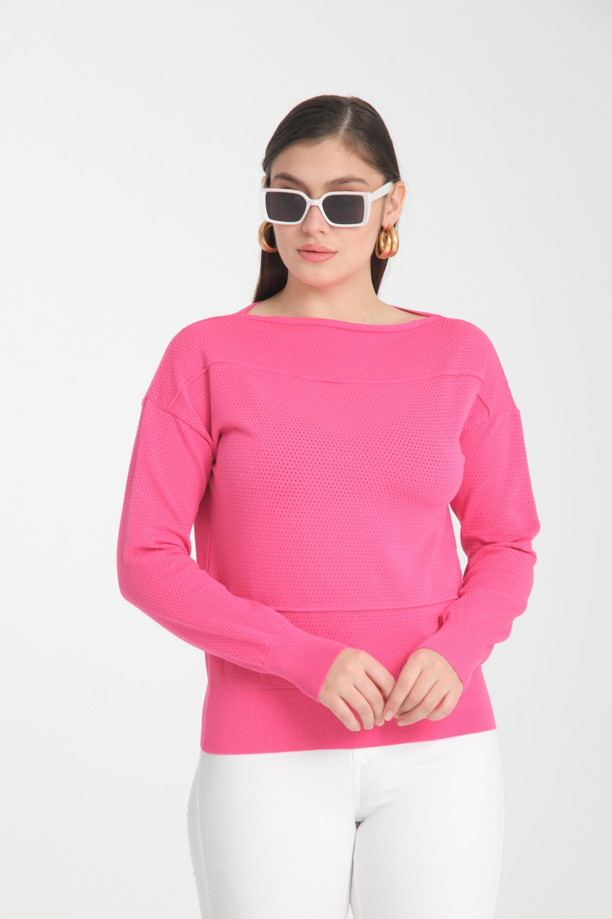 Wholesale Women Fuchsia Openwork Boat Neck Knit Blouse 722663
