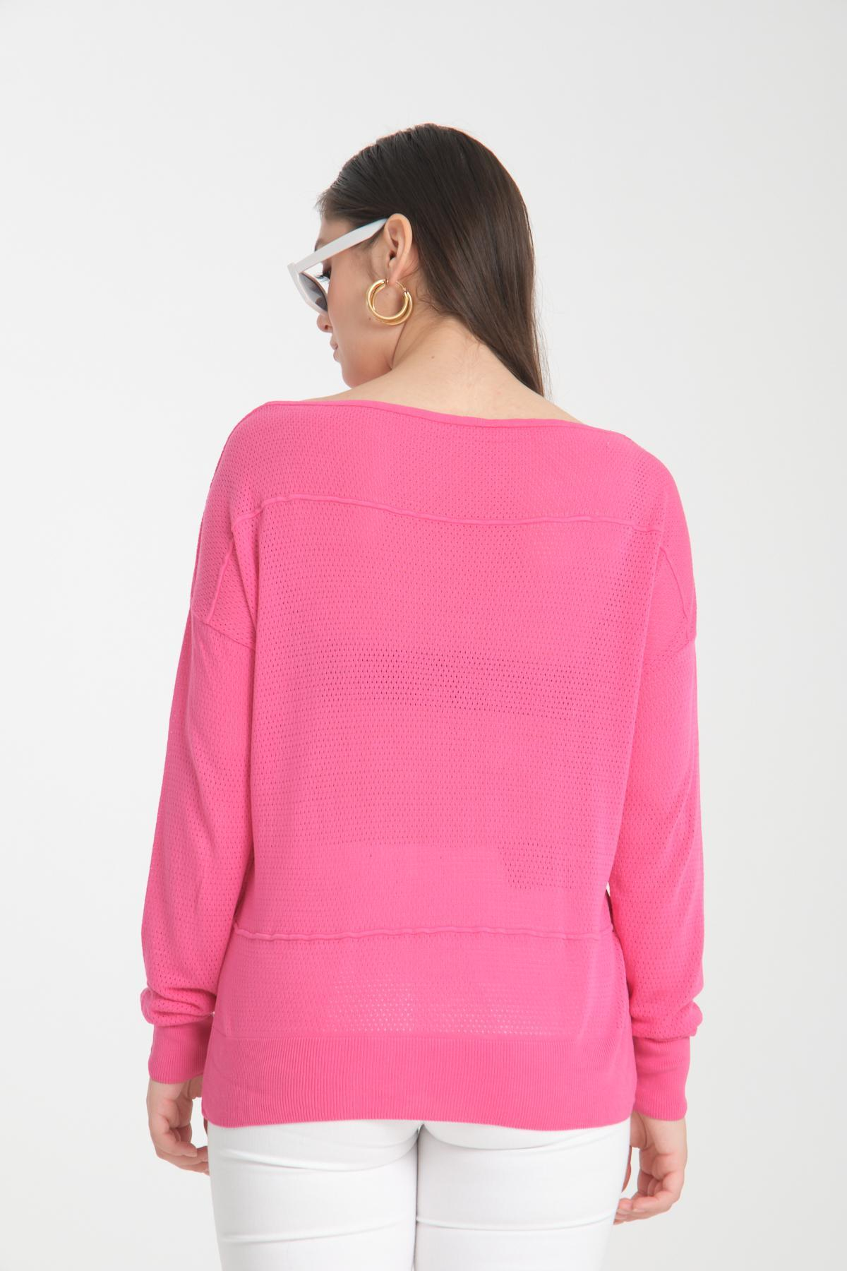Wholesale Women Fuchsia Openwork Boat Neck Knit Blouse 722631