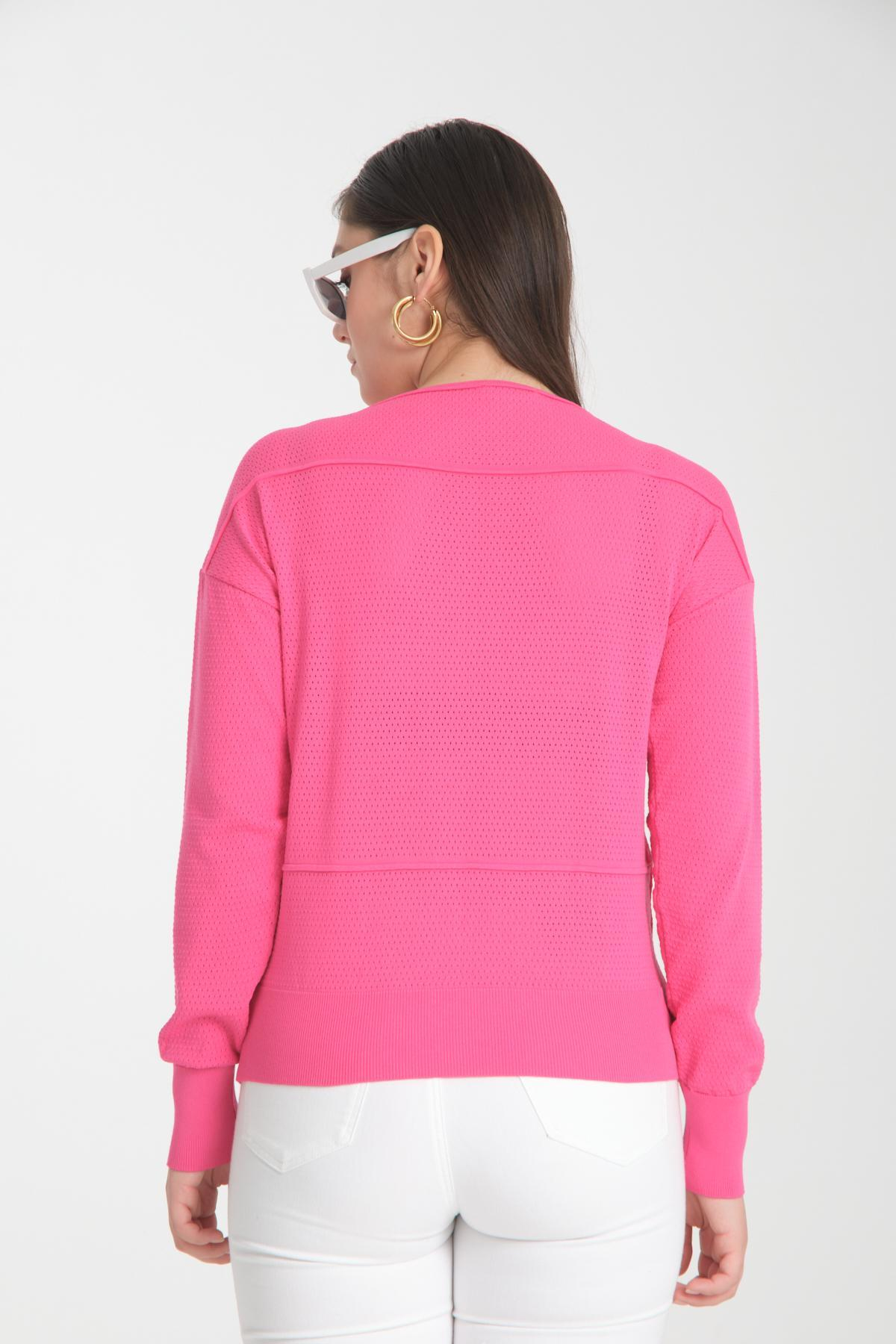Wholesale Women Fuchsia Openwork Boat Neck Knit Blouse 722663