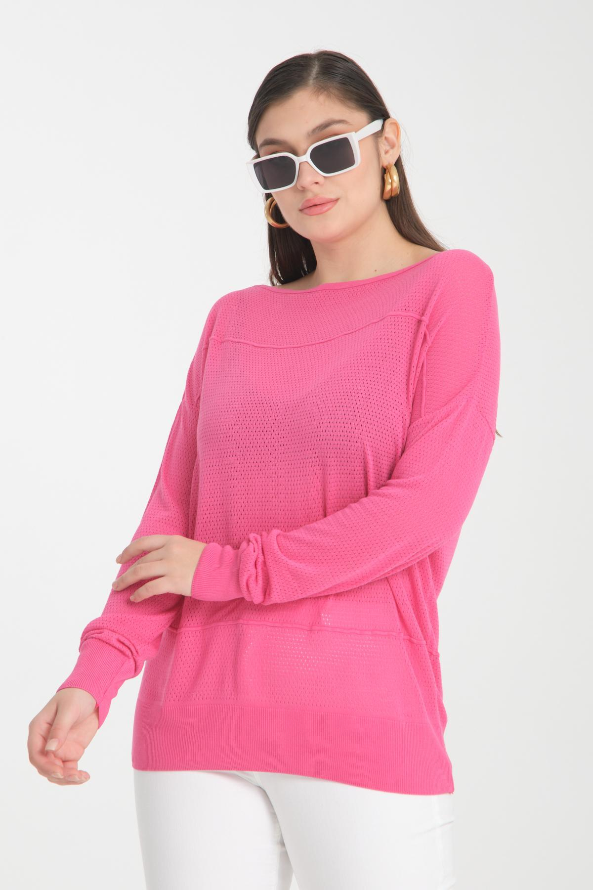 Wholesale Women Fuchsia Openwork Boat Neck Knit Blouse 722631