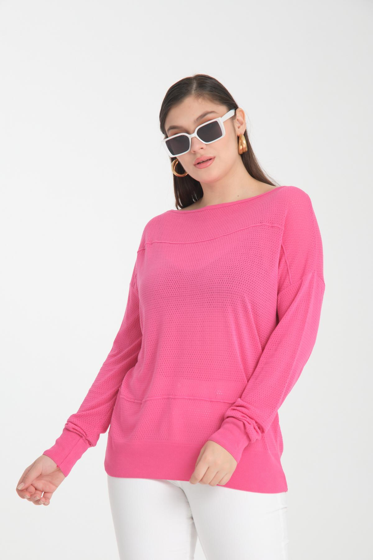 Wholesale Women Fuchsia Openwork Boat Neck Knit Blouse 722631