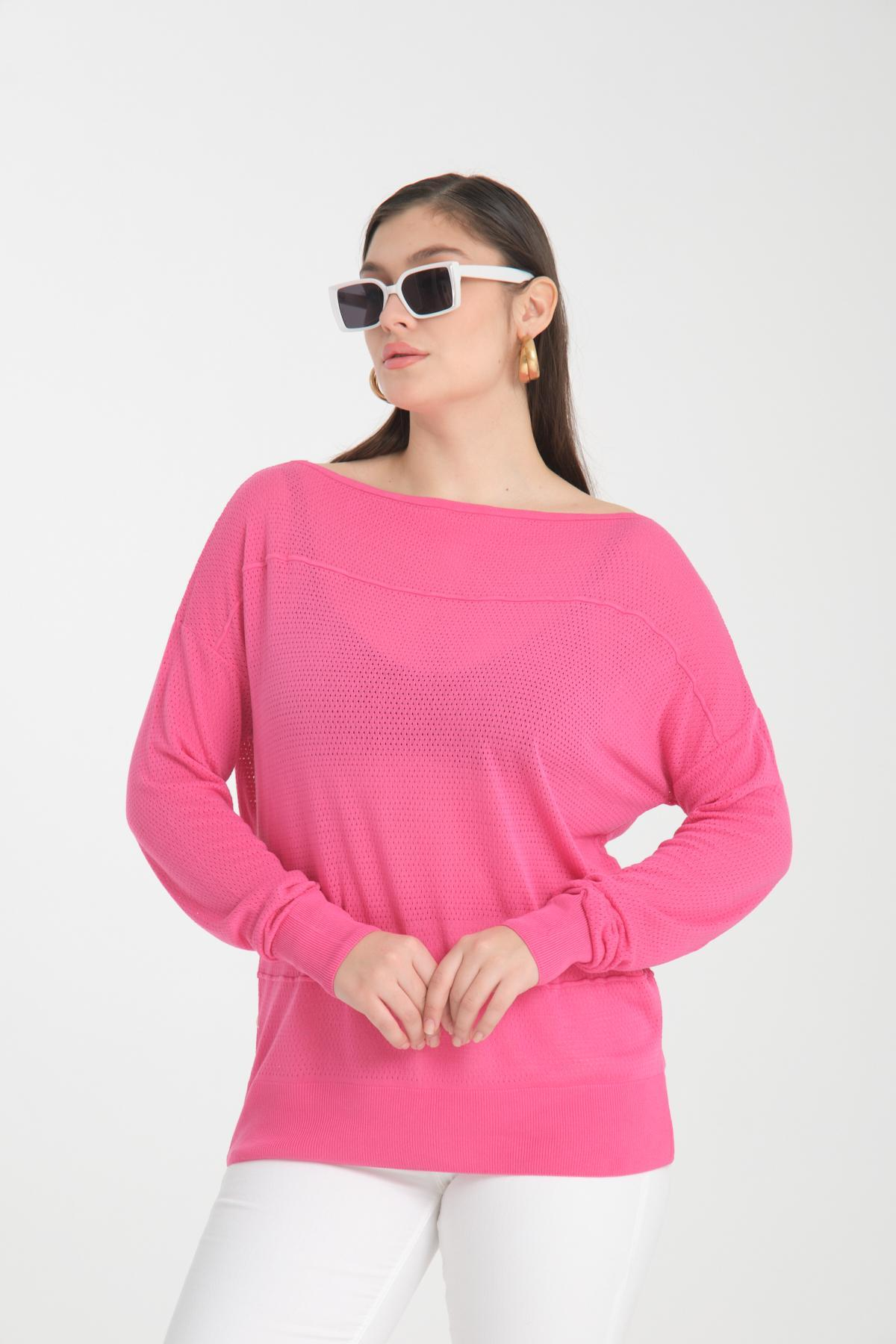 Wholesale Women Fuchsia Openwork Boat Neck Knit Blouse 722631