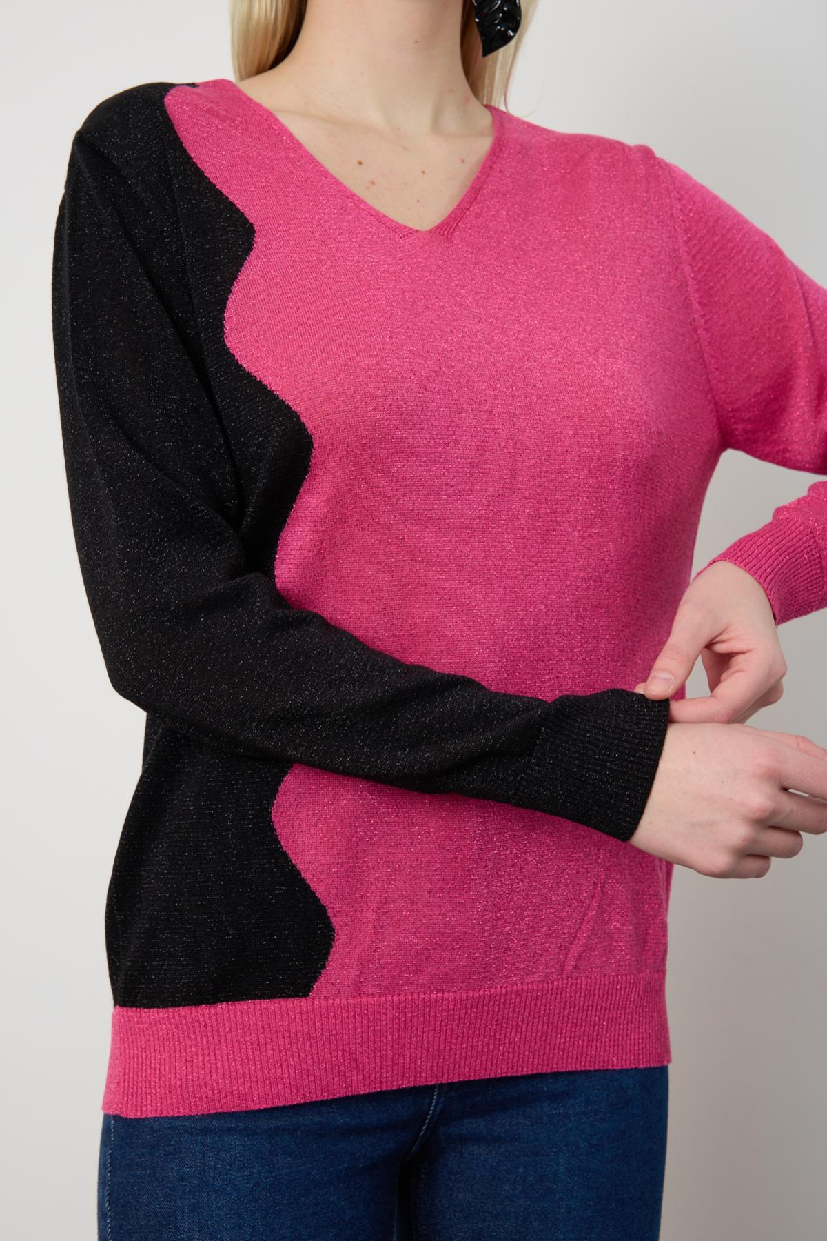 Wholesale Women Fuchsia Two Tone Glittery V-Neck Knit Blouse 724833