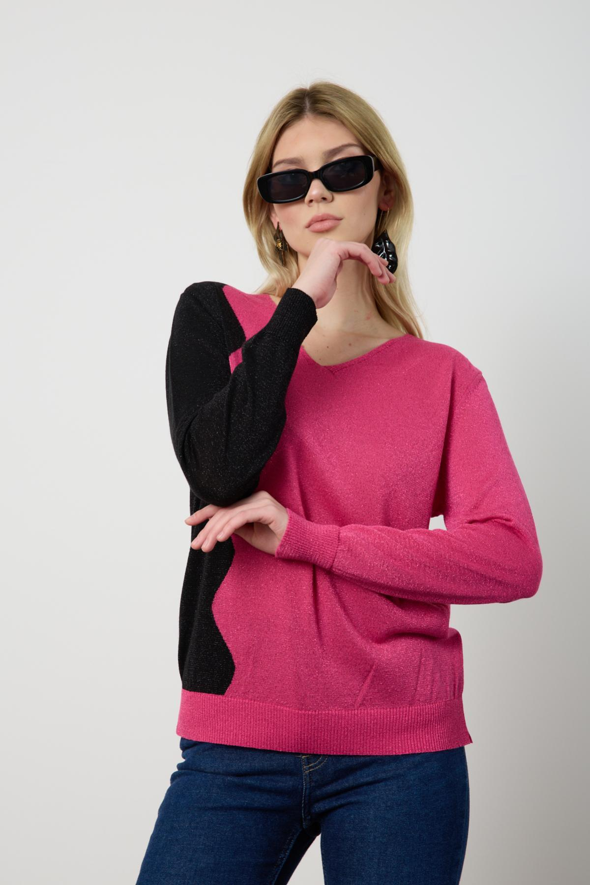 Wholesale Women Fuchsia Two Tone Glittery V-Neck Knit Blouse 724833