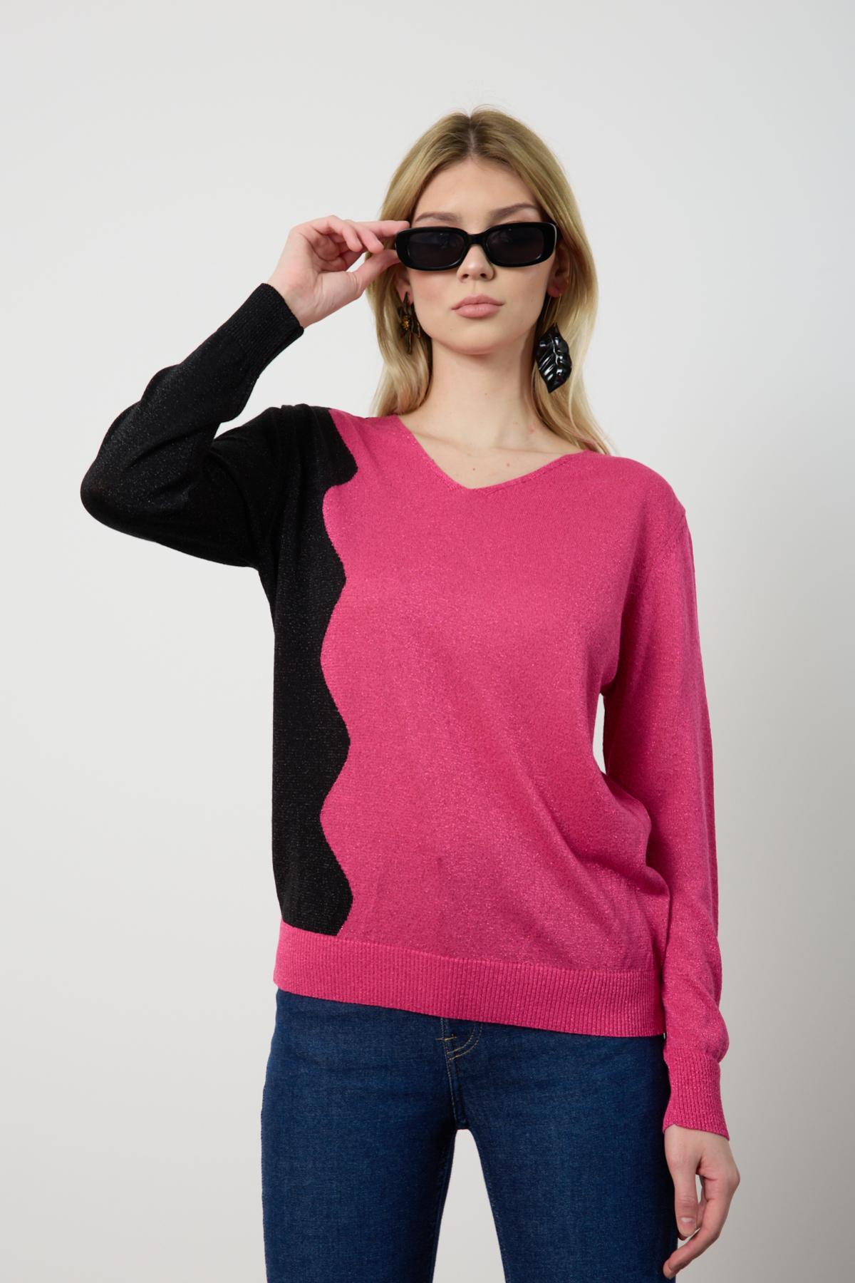 Wholesale Women Fuchsia Two Tone Glittery V-Neck Knit Blouse 724833