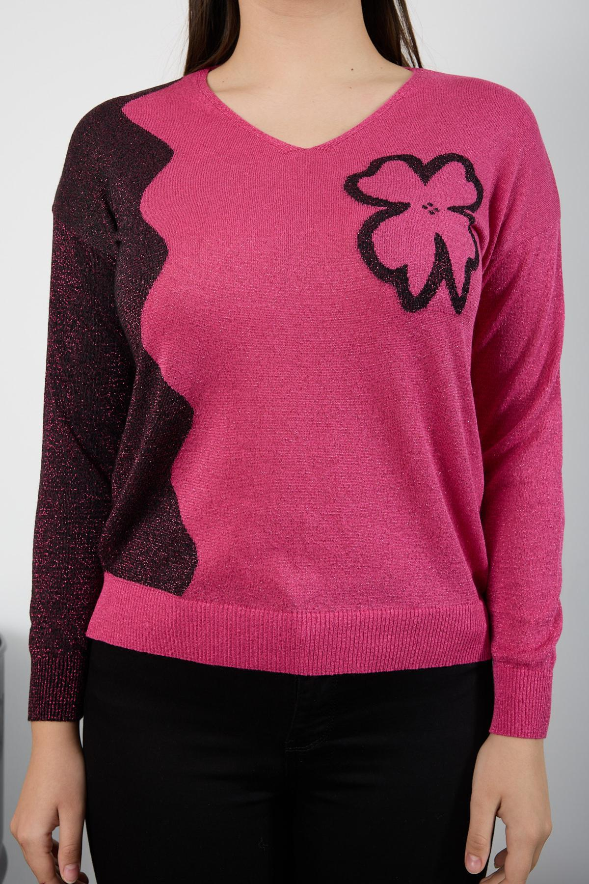 Wholesale Women Fuchsia Two Tone Glittery V-Neck Knit Blouse 725239