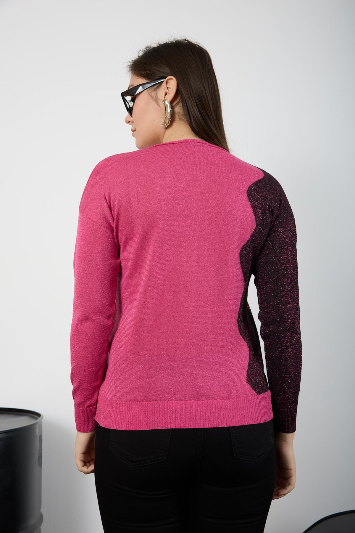 Wholesale Women Fuchsia Two Tone Glittery V-Neck Knit Blouse 725239