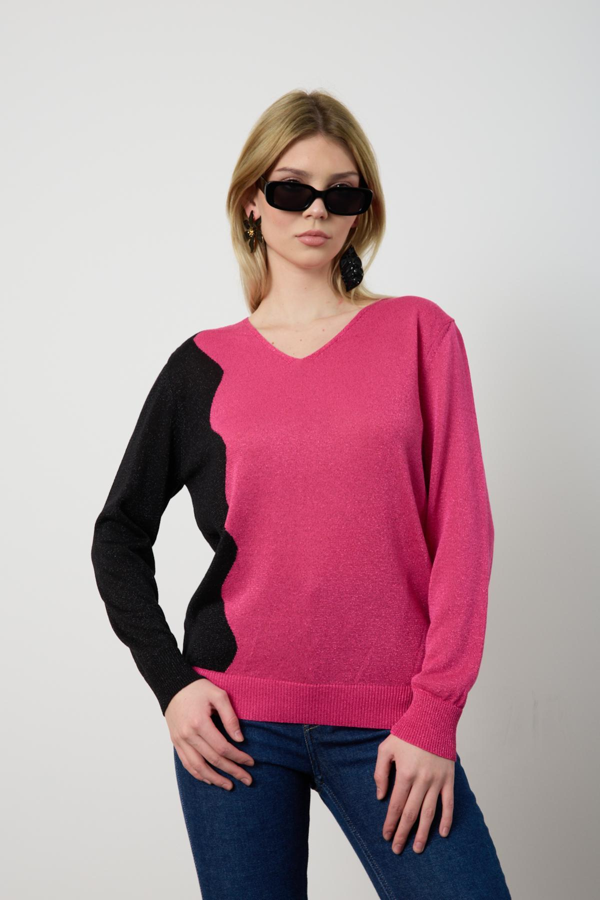 Wholesale Women Fuchsia Two Tone Glittery V-Neck Knit Blouse 724833