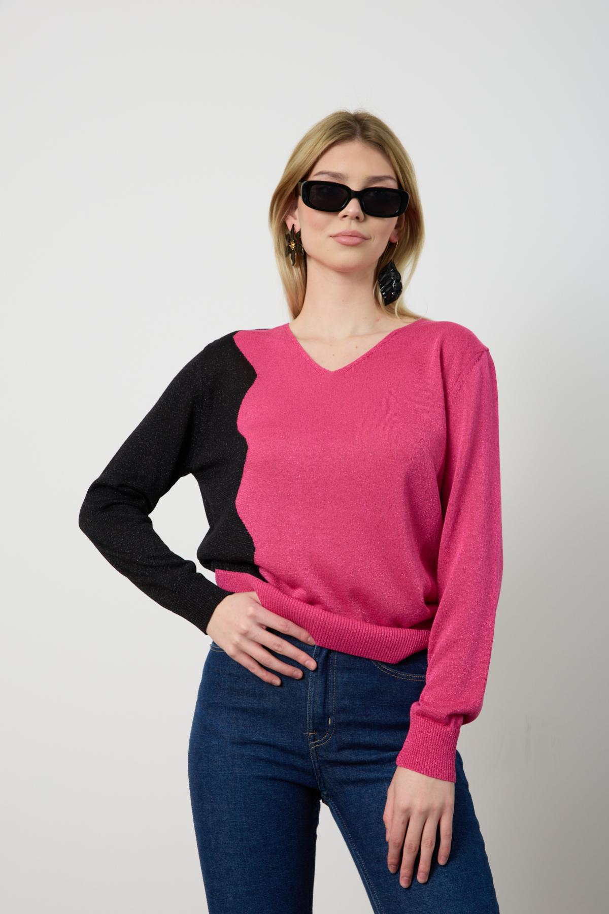 Wholesale Women Fuchsia Two Tone Glittery V-Neck Knit Blouse 724833