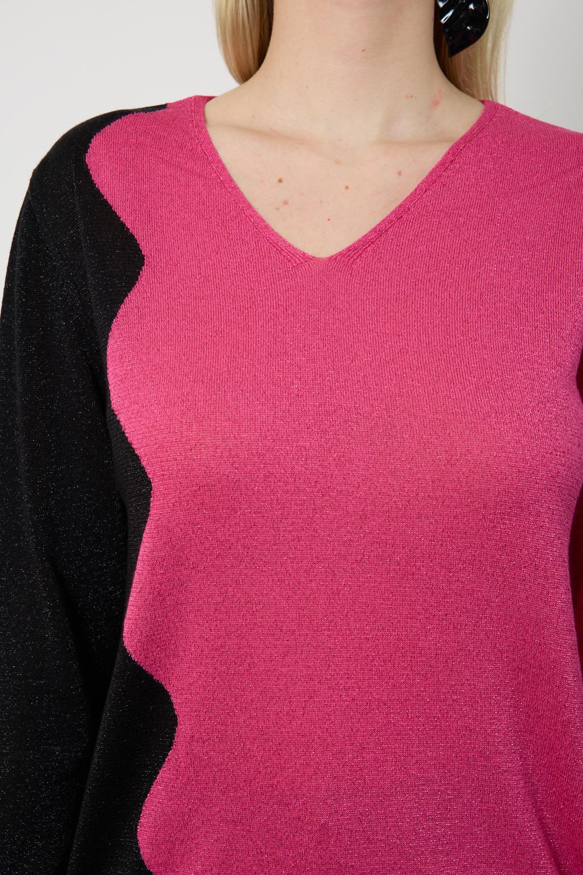 Wholesale Women Fuchsia Two Tone Glittery V-Neck Knit Blouse 724833
