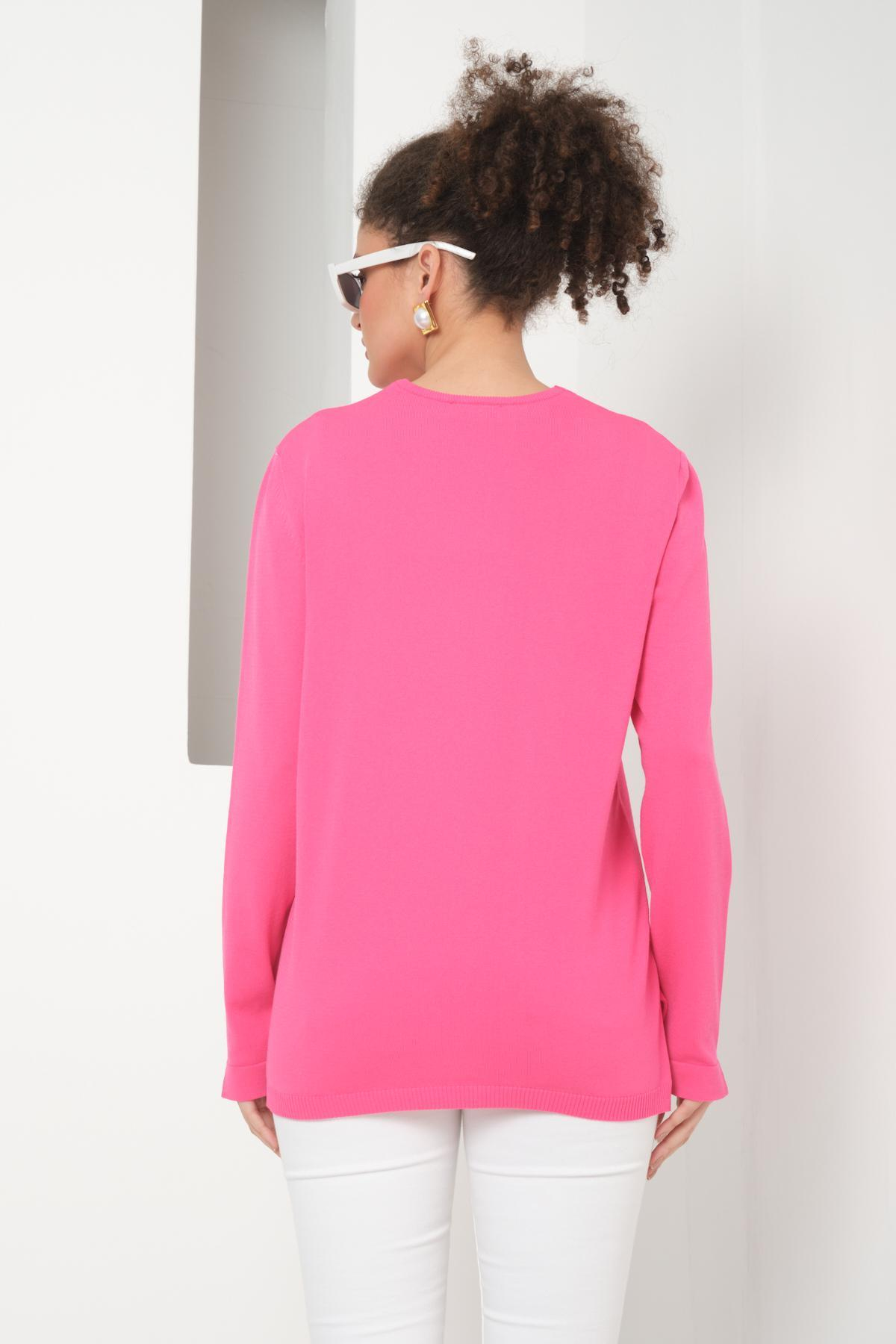 Wholesale Women Fuchsia V-Neck Cut-Out Knit Blouse with Side Slits 724804