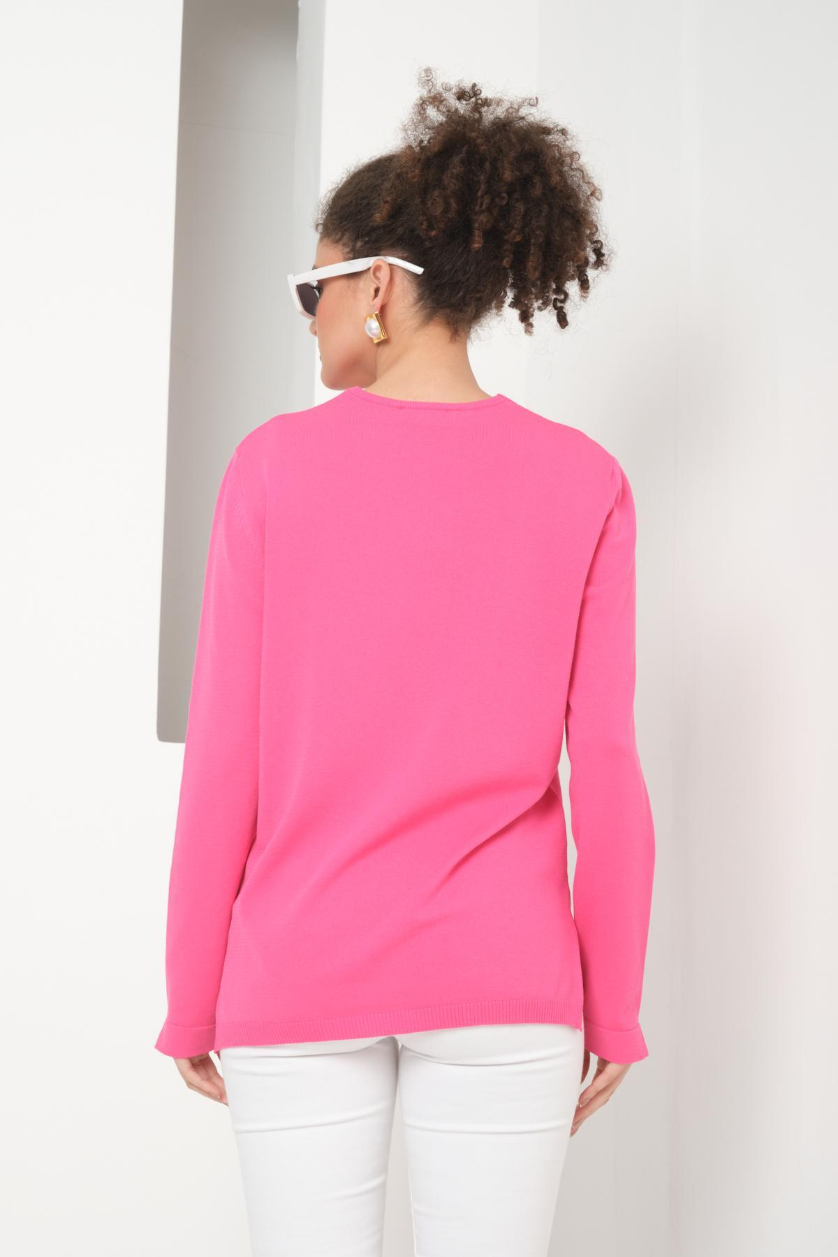 Wholesale Women Fuchsia V-Neck Cut-Out Knit Blouse with Side Slits 724804