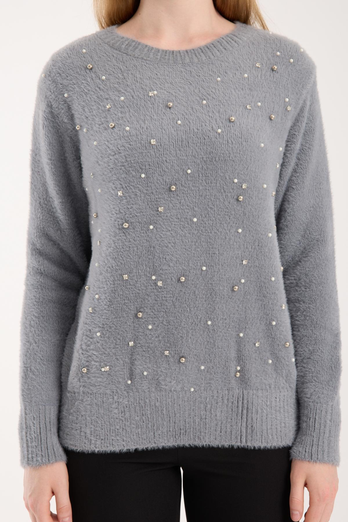 Wholesale Women Gray Crew-Neck Knit Blouse with Rhinestone and Pearl Embellishments 738886
