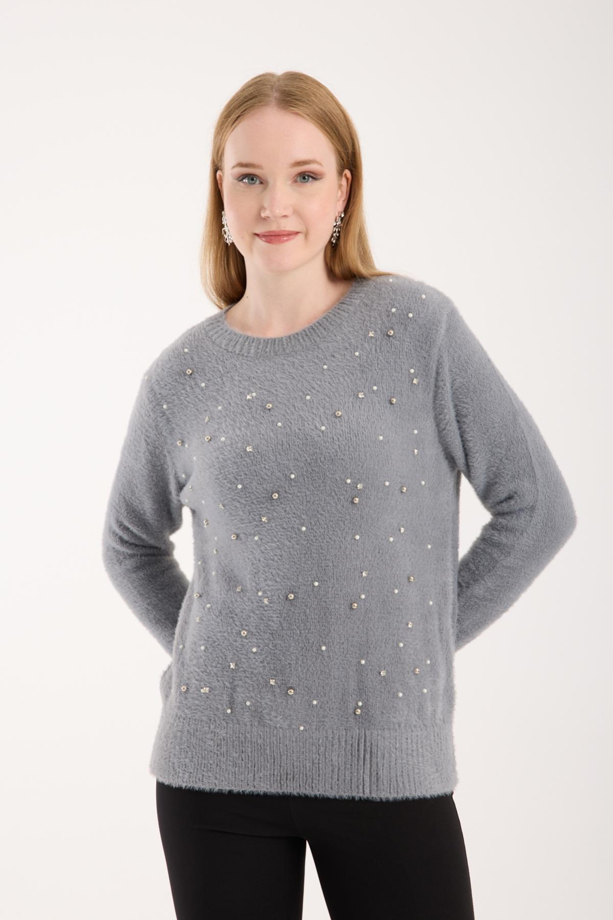 Wholesale Women Gray Crew-Neck Knit Blouse with Rhinestone and Pearl Embellishments 738886