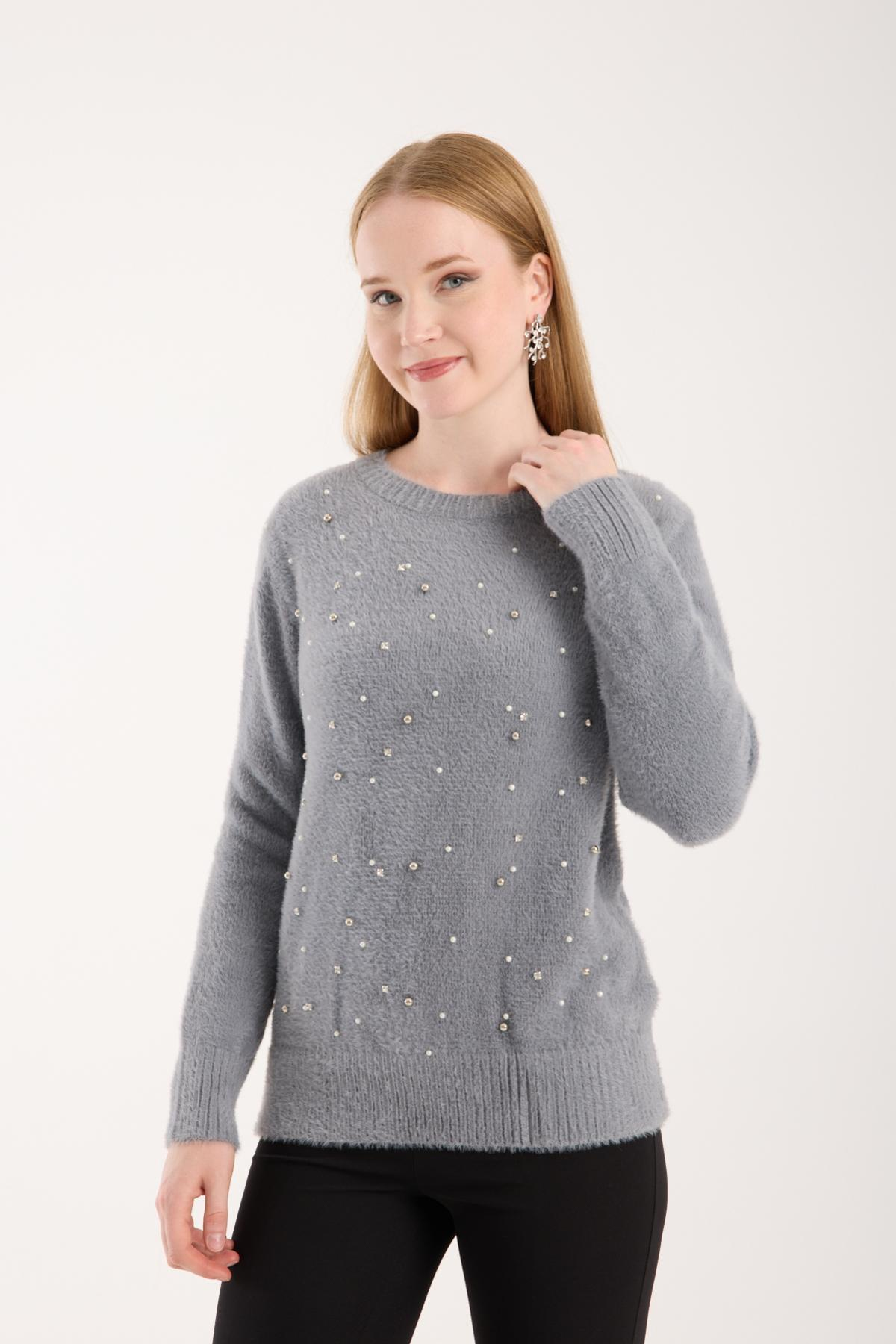 Wholesale Women Gray Crew-Neck Knit Blouse with Rhinestone and Pearl Embellishments 738886