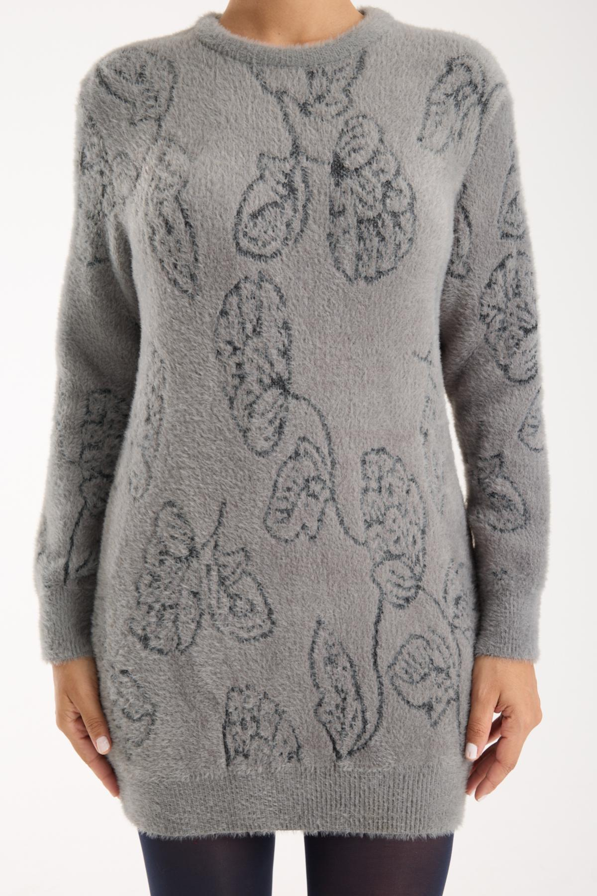 Wholesale Women Gray Crew-Neck Knit Blouse with Leaf Pattern 738873