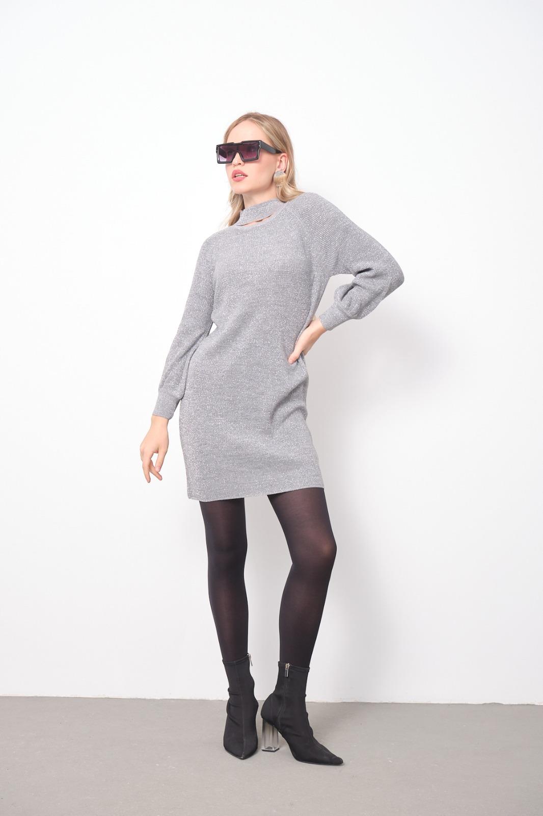 Wholesale Women Gray Glitter Knitted Mini Dresses 706433
