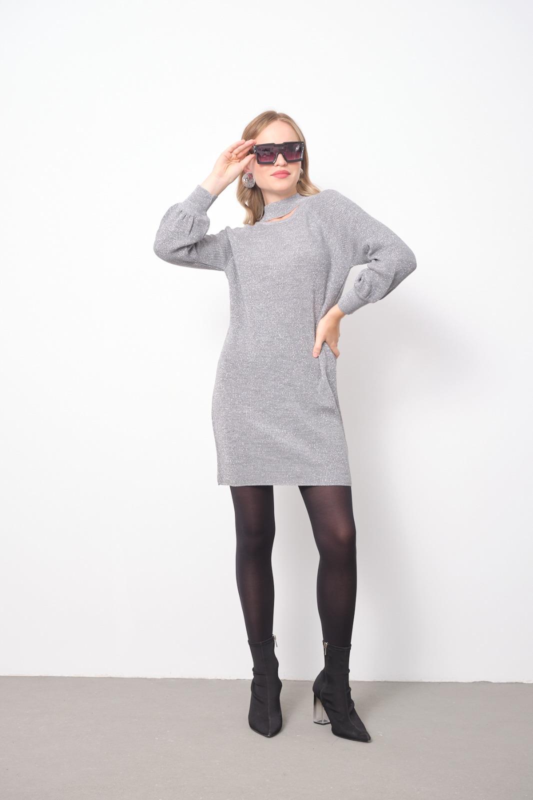 Wholesale Women Gray Glitter Knitted Mini Dresses 706433