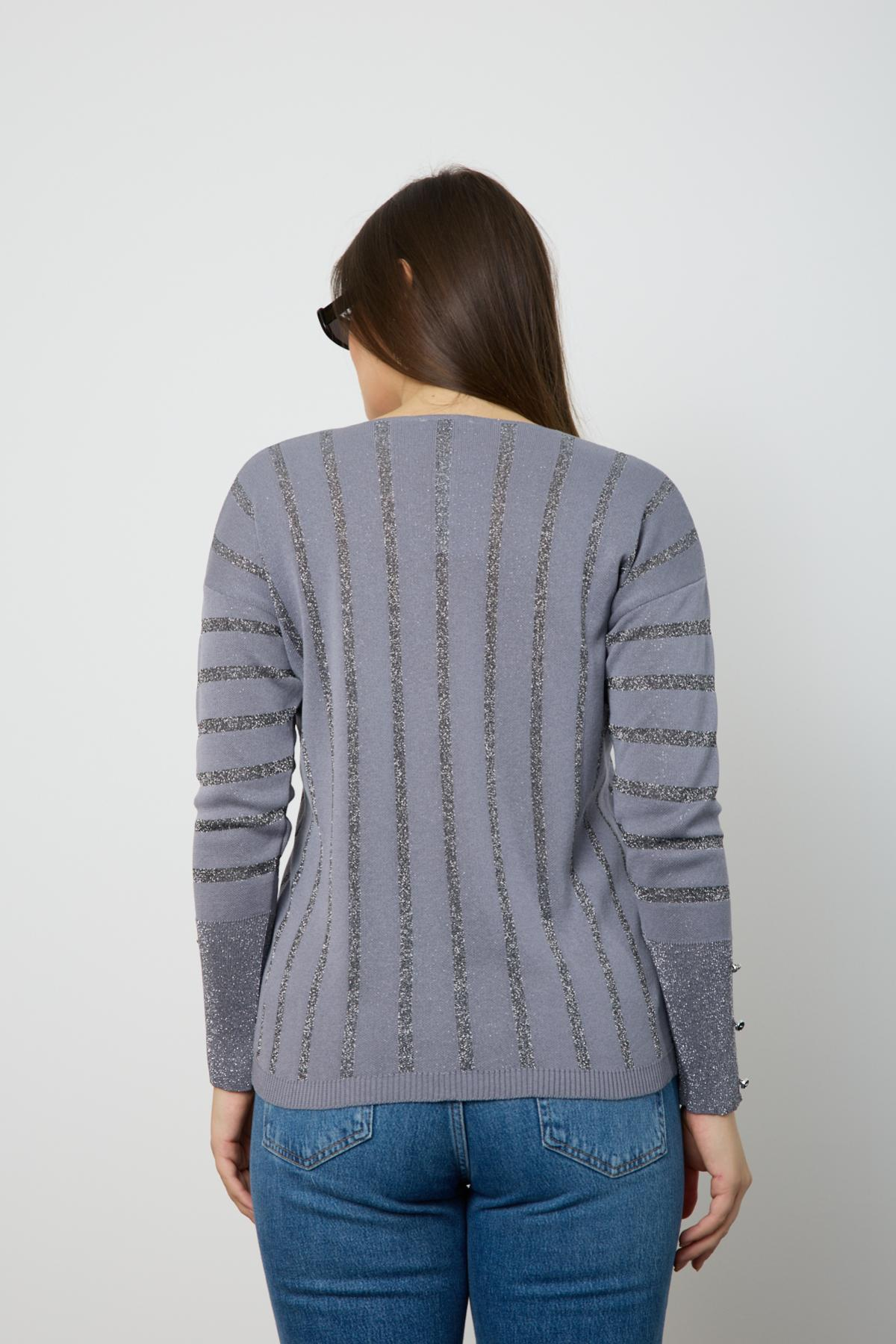 Wholesale Women Gray Glitter V Neck Knit Blouse with Buttons on Sleeves 724822
