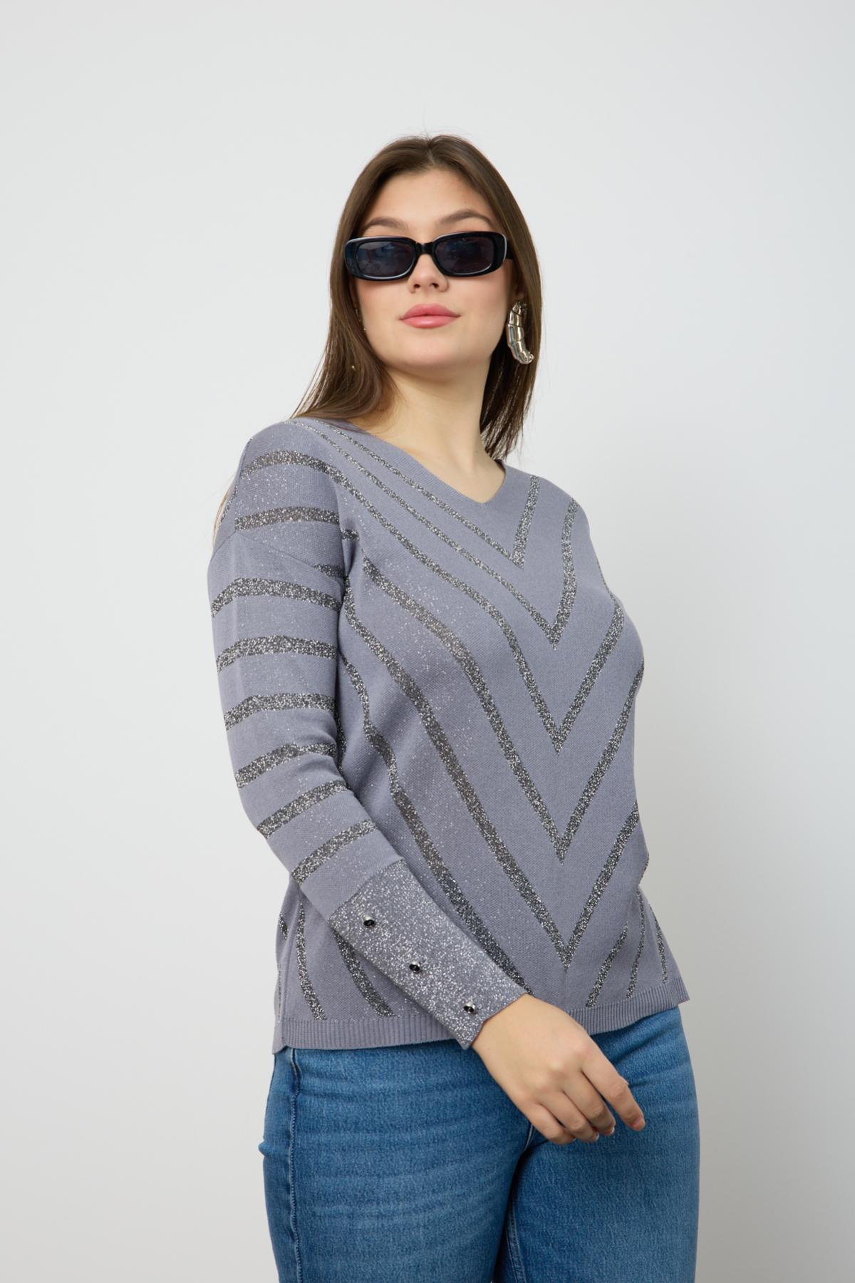 Wholesale Women Gray Glitter V Neck Knit Blouse with Buttons on Sleeves 724822