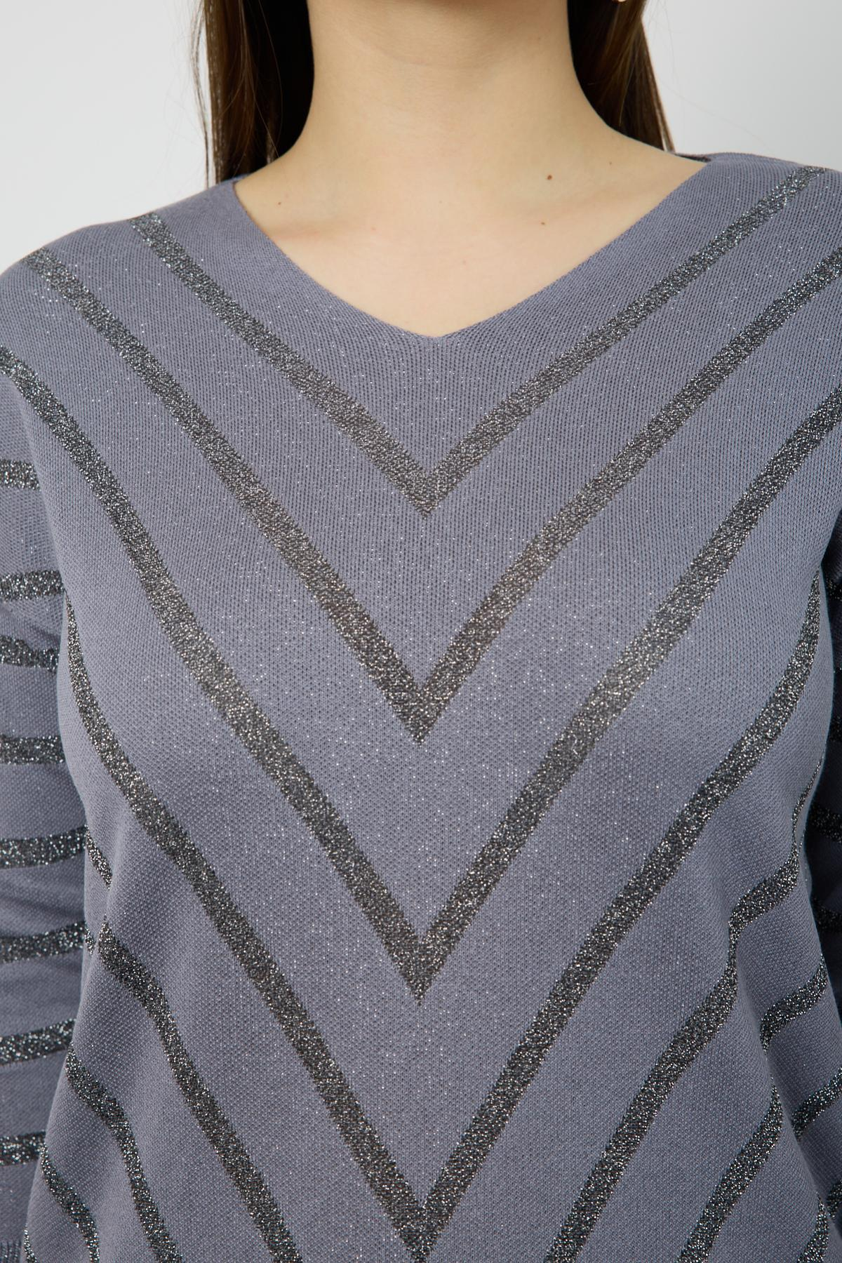 Wholesale Women Gray Glitter V Neck Knit Blouse with Buttons on Sleeves 724822