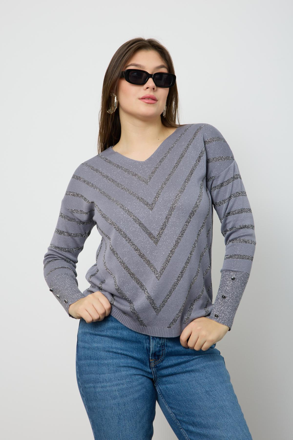 Wholesale Women Gray Glitter V Neck Knit Blouse with Buttons on Sleeves 724822