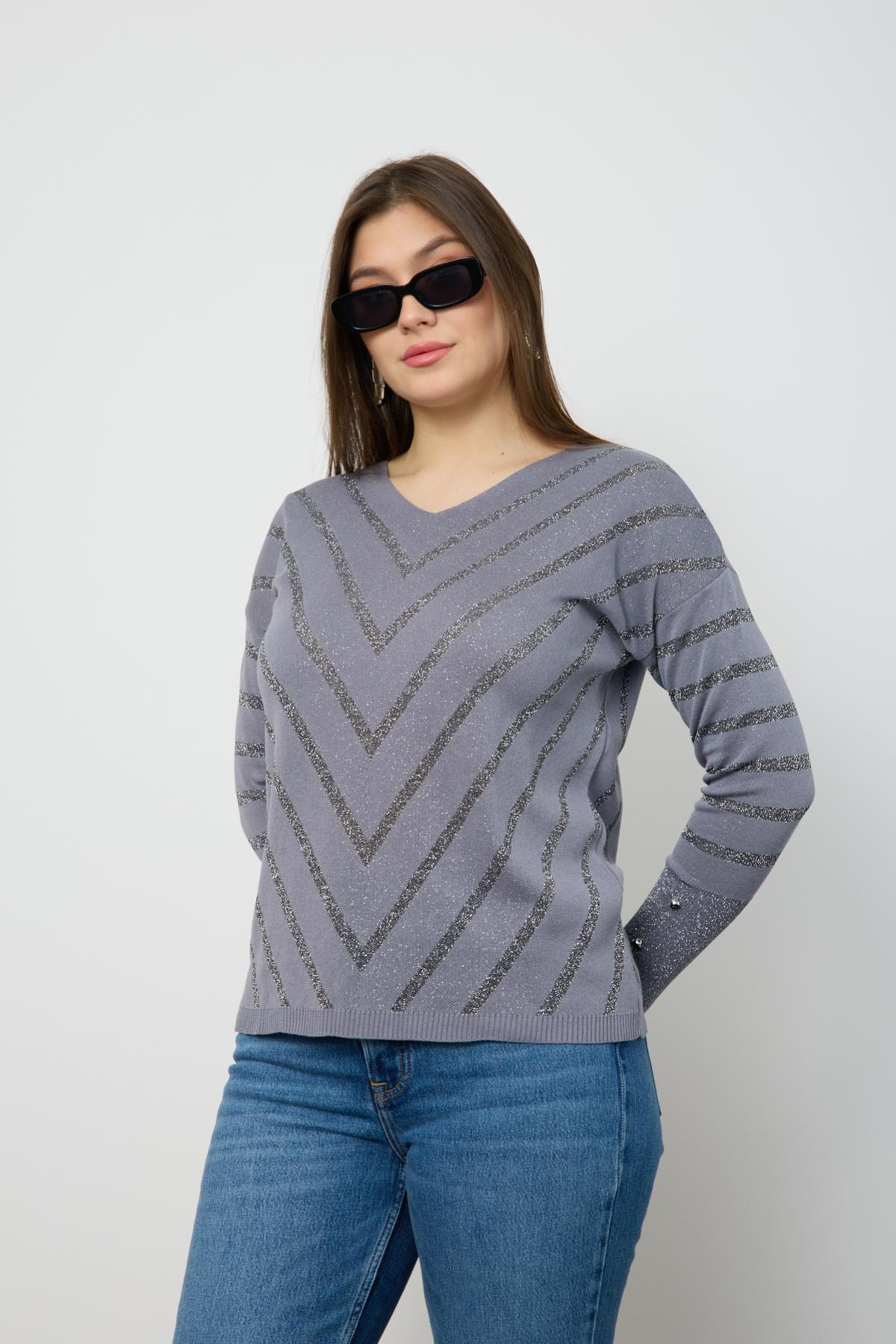 Wholesale Women Gray Glitter V Neck Knit Blouse with Buttons on Sleeves 724822