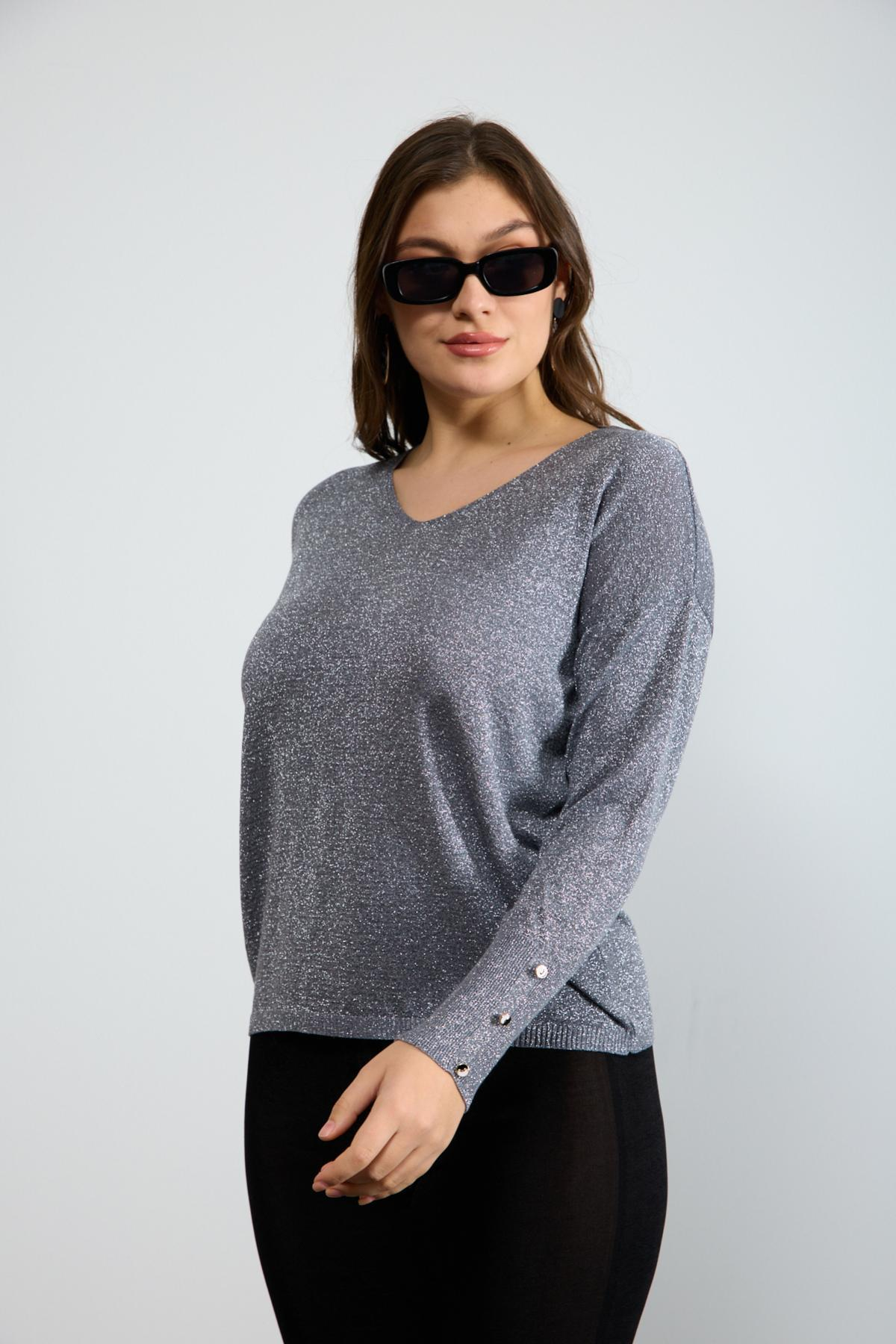 Wholesale Women Gray Glittery V Neck Knit Blouse with Wide Cuffs 724839