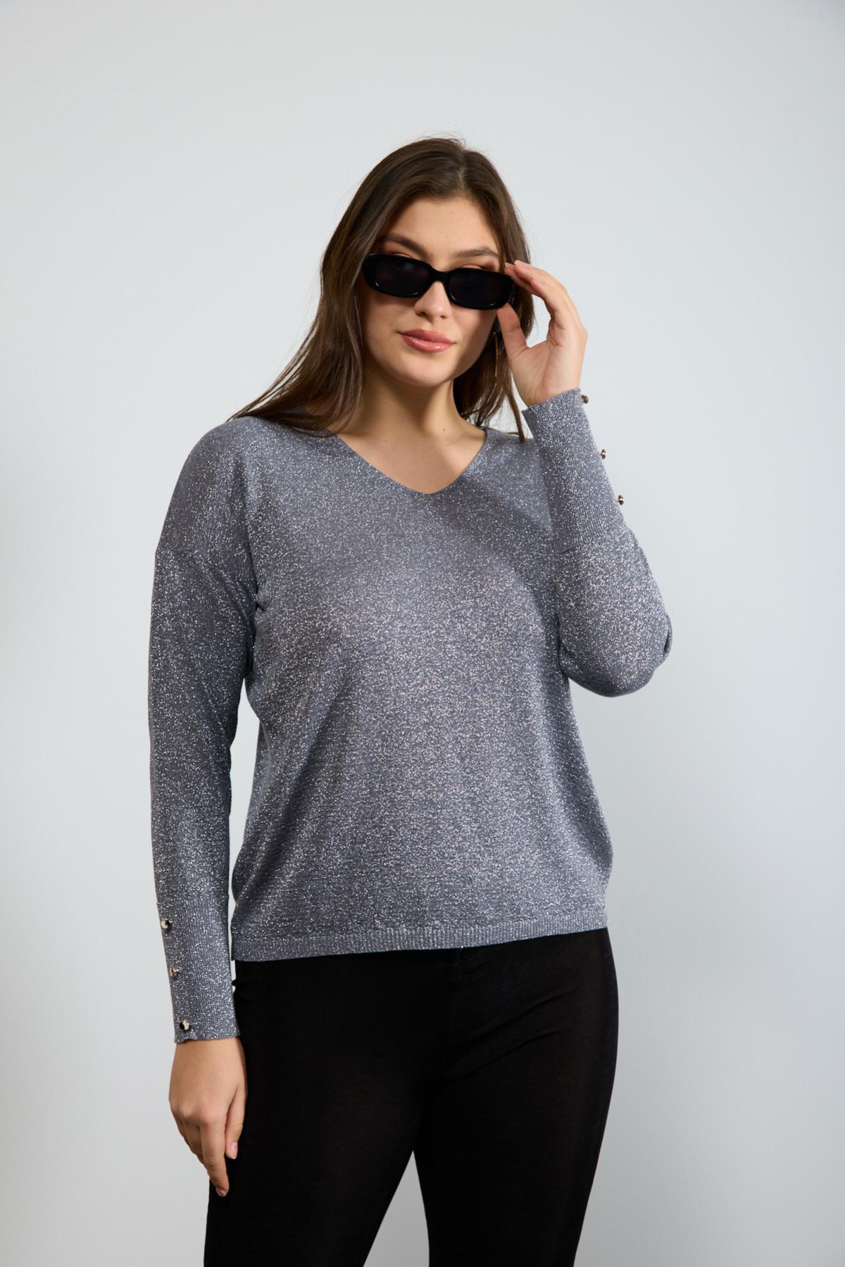 Wholesale Women Gray Glittery V Neck Knit Blouse with Wide Cuffs 724839