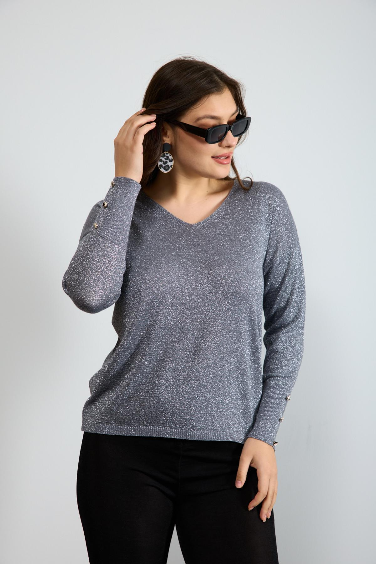 Wholesale Women Gray Glittery V Neck Knit Blouse with Wide Cuffs 724839