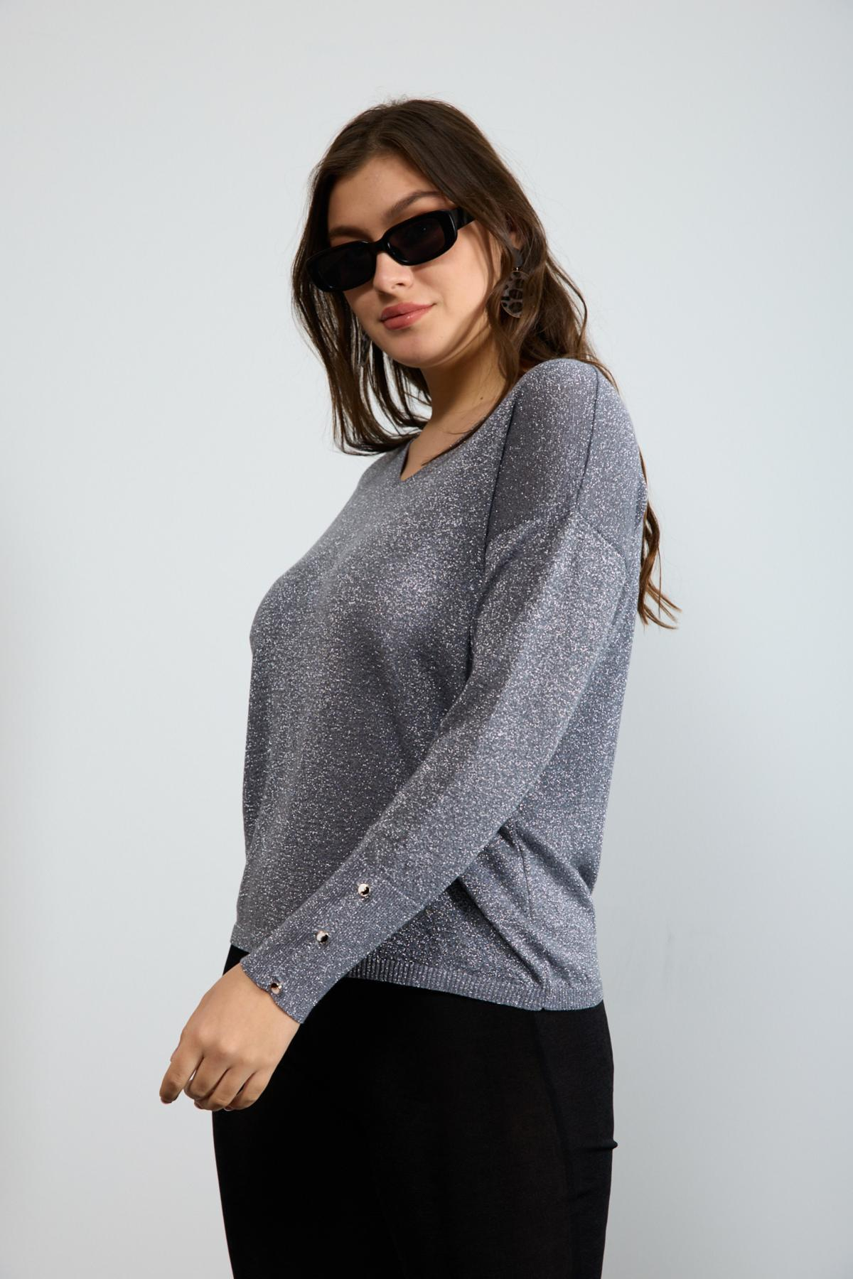 Wholesale Women Gray Glittery V Neck Knit Blouse with Wide Cuffs 724839