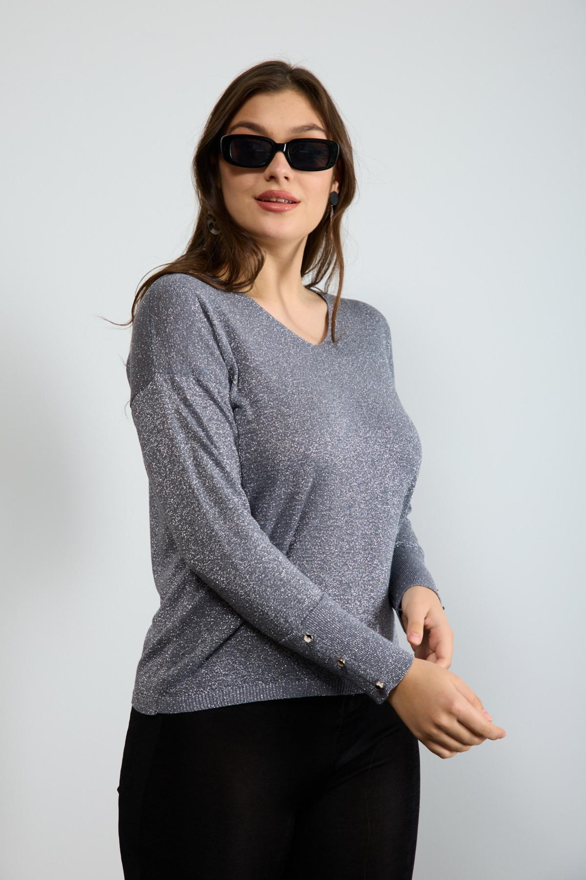 Wholesale Women Gray Glittery V Neck Knit Blouse with Wide Cuffs 724839