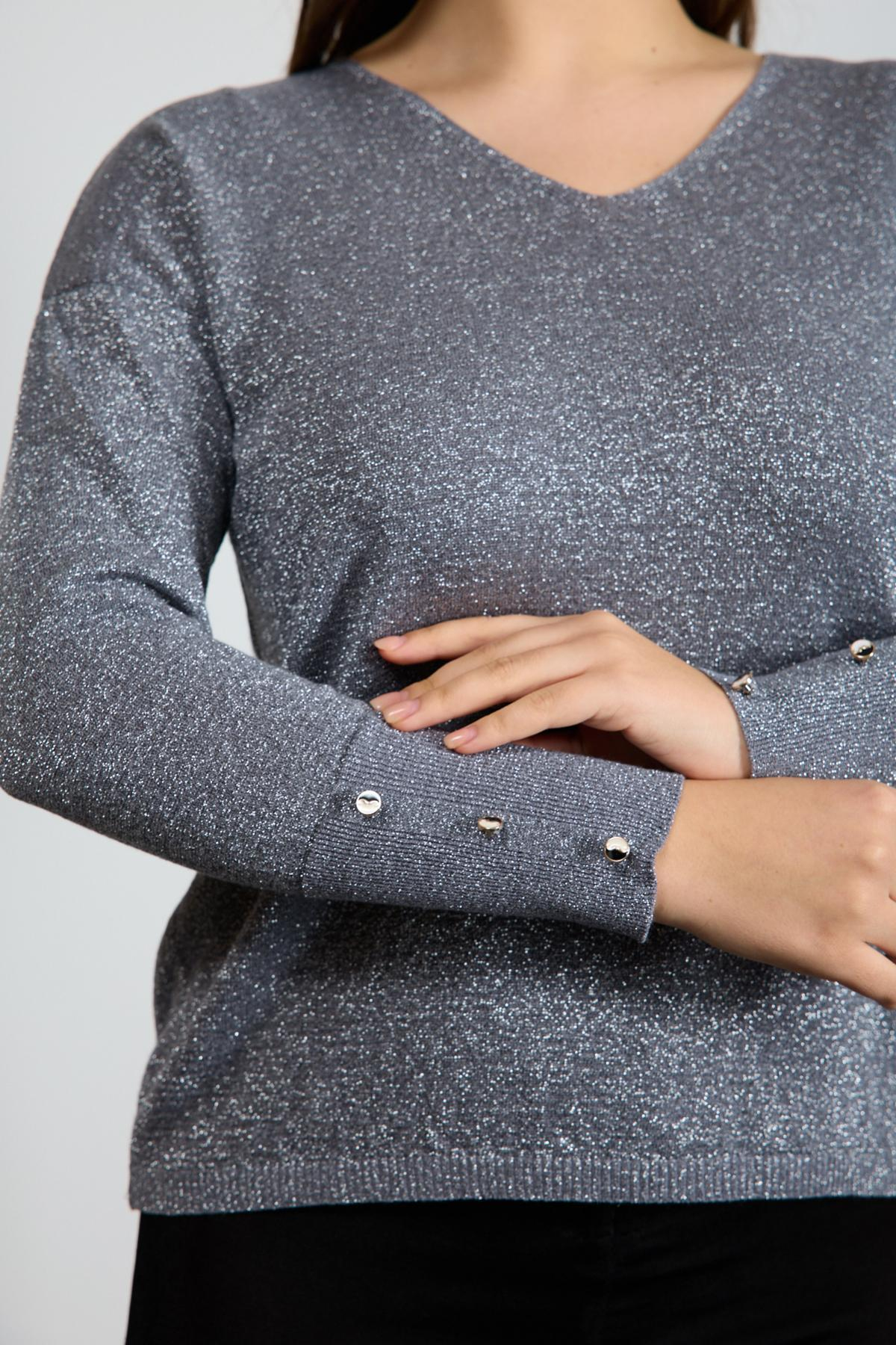 Wholesale Women Gray Glittery V Neck Knit Blouse with Wide Cuffs 724839