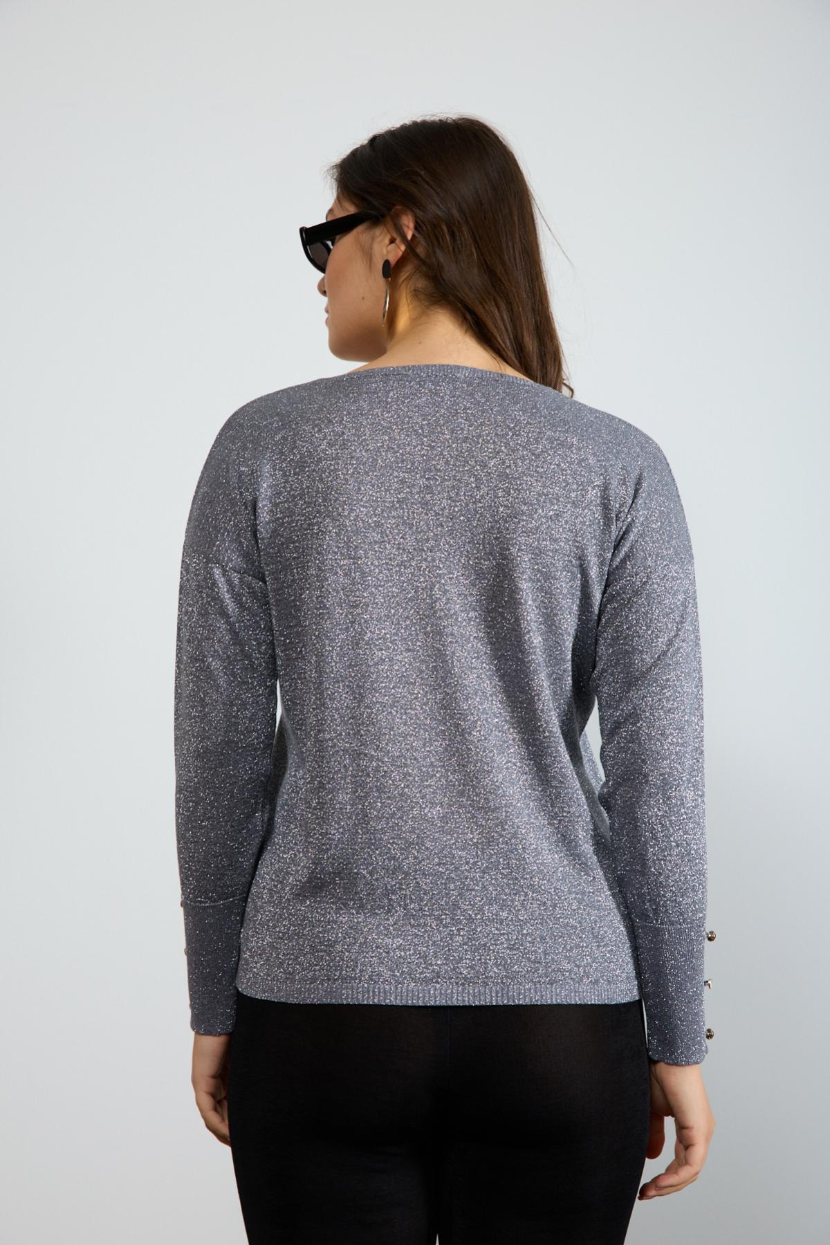 Wholesale Women Gray Glittery V Neck Knit Blouse with Wide Cuffs 724839