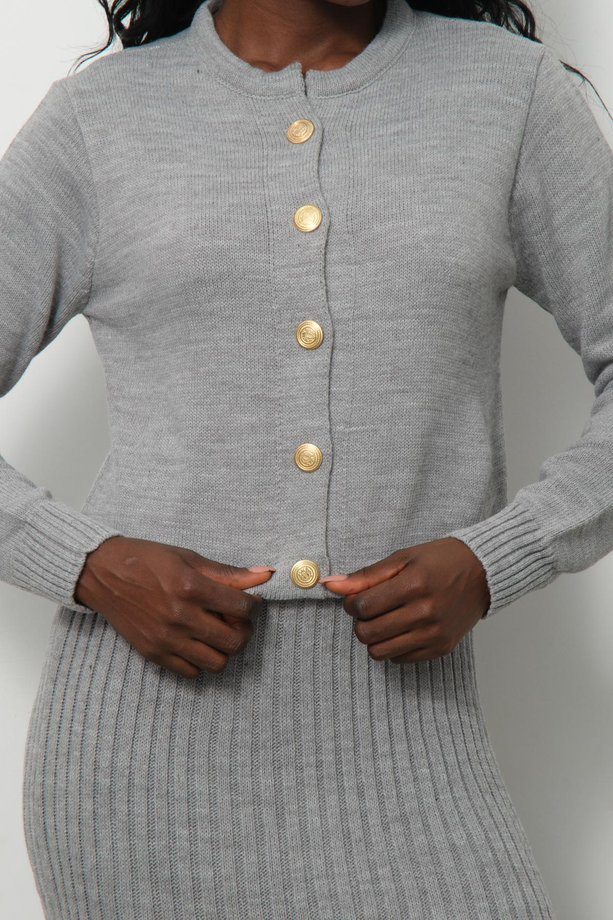 Wholesale Women Gray Knitted Dress and Cardigan Set 713310