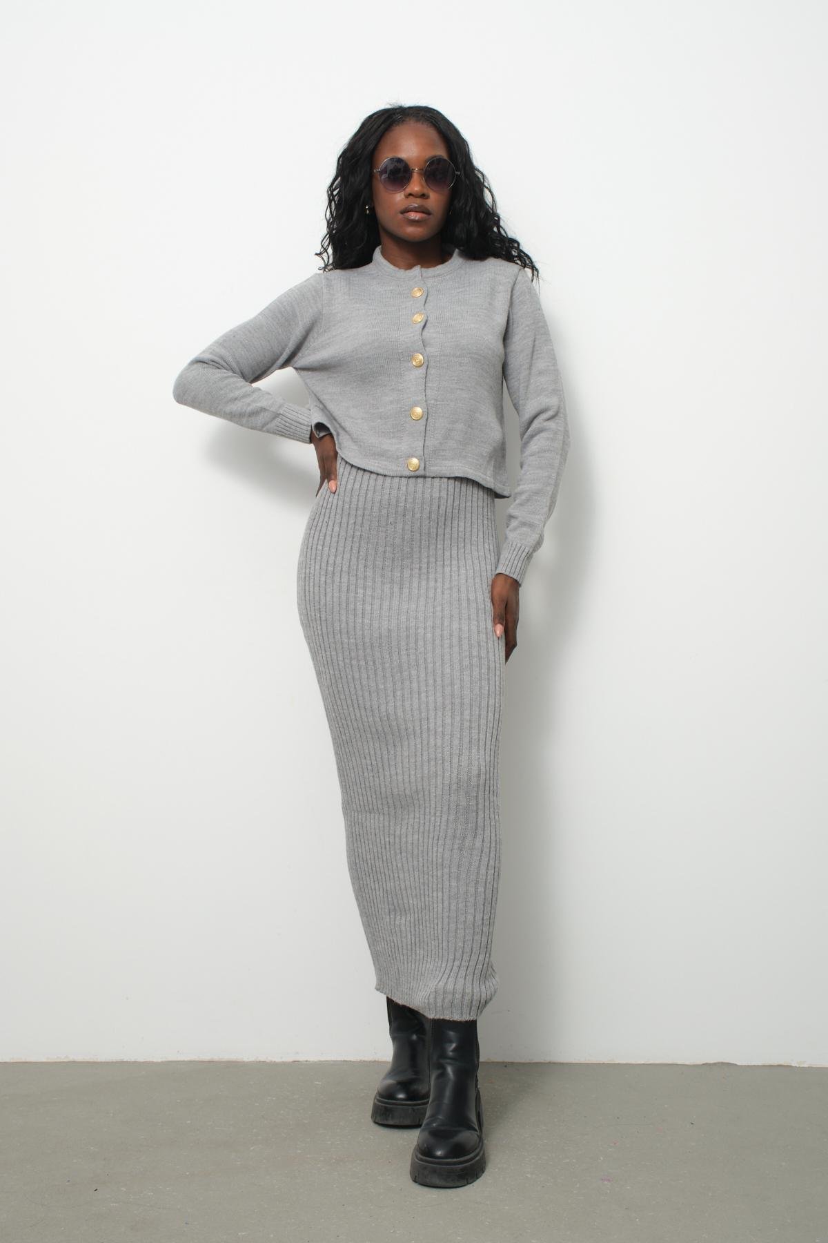 Wholesale Women Gray Knitted Dress and Cardigan Set 713310