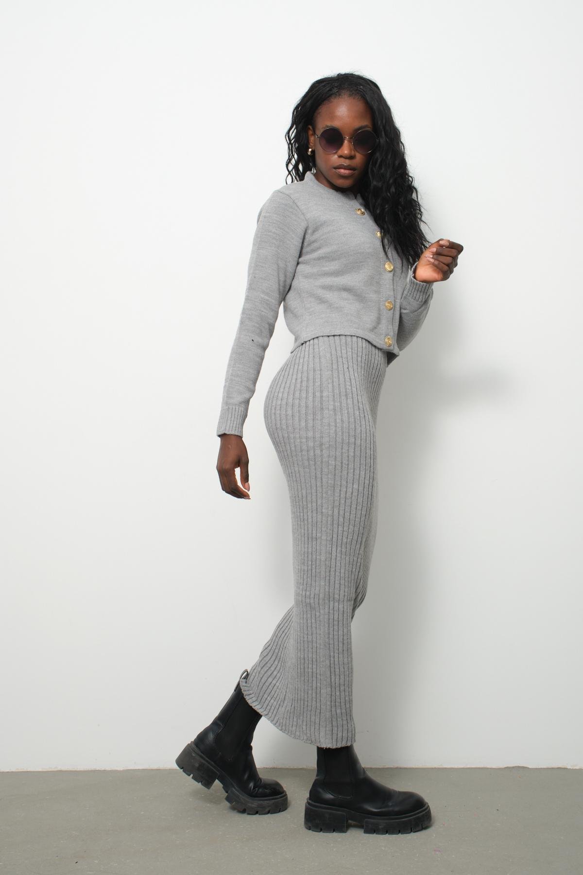 Wholesale Women Gray Knitted Dress and Cardigan Set 713310
