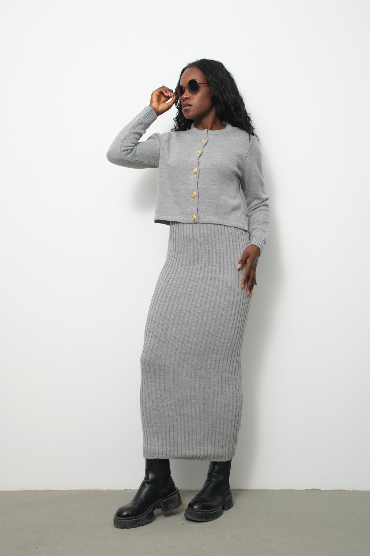 Wholesale Women Gray Knitted Dress and Cardigan Set 713310