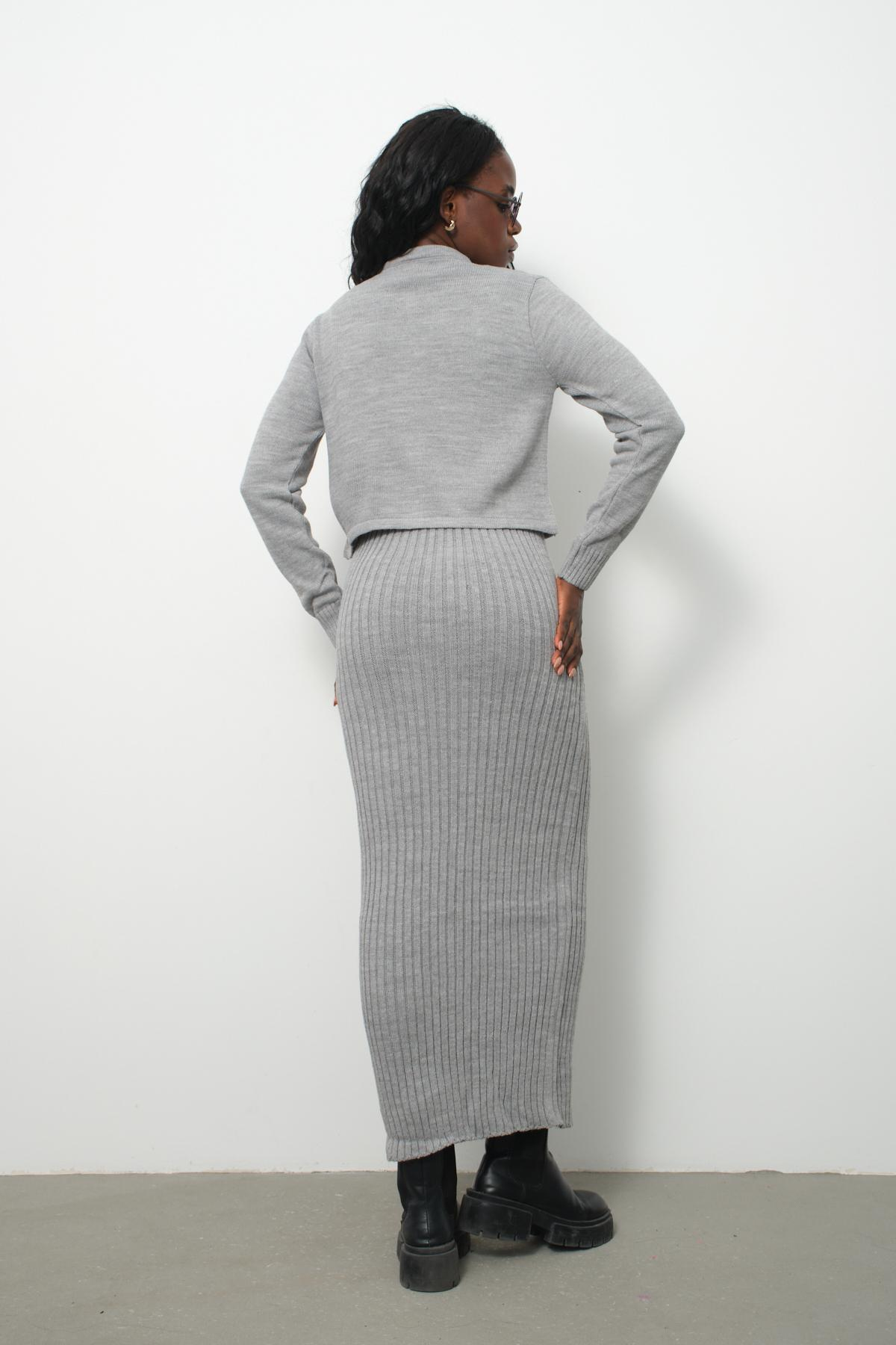 Wholesale Women Gray Knitted Dress and Cardigan Set 713310