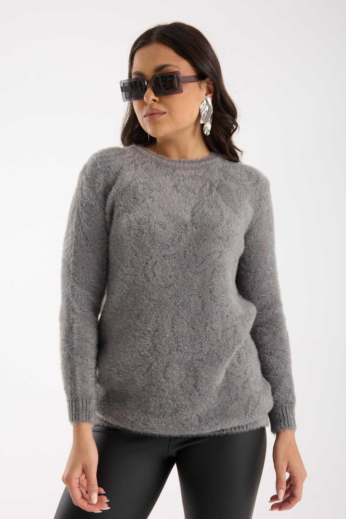 Wholesale Women Gray Lurex Crew-Neck Knit Blouse with Side Slits 738855
