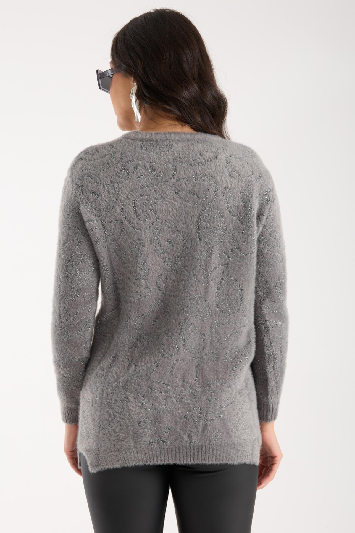 Wholesale Women Gray Lurex Crew-Neck Knit Blouse with Side Slits 738855